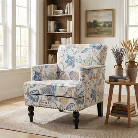 Christopher Knight Home Contemporary Fabric Upholstered Club Chair with Nailhead Trim, Blue Floral