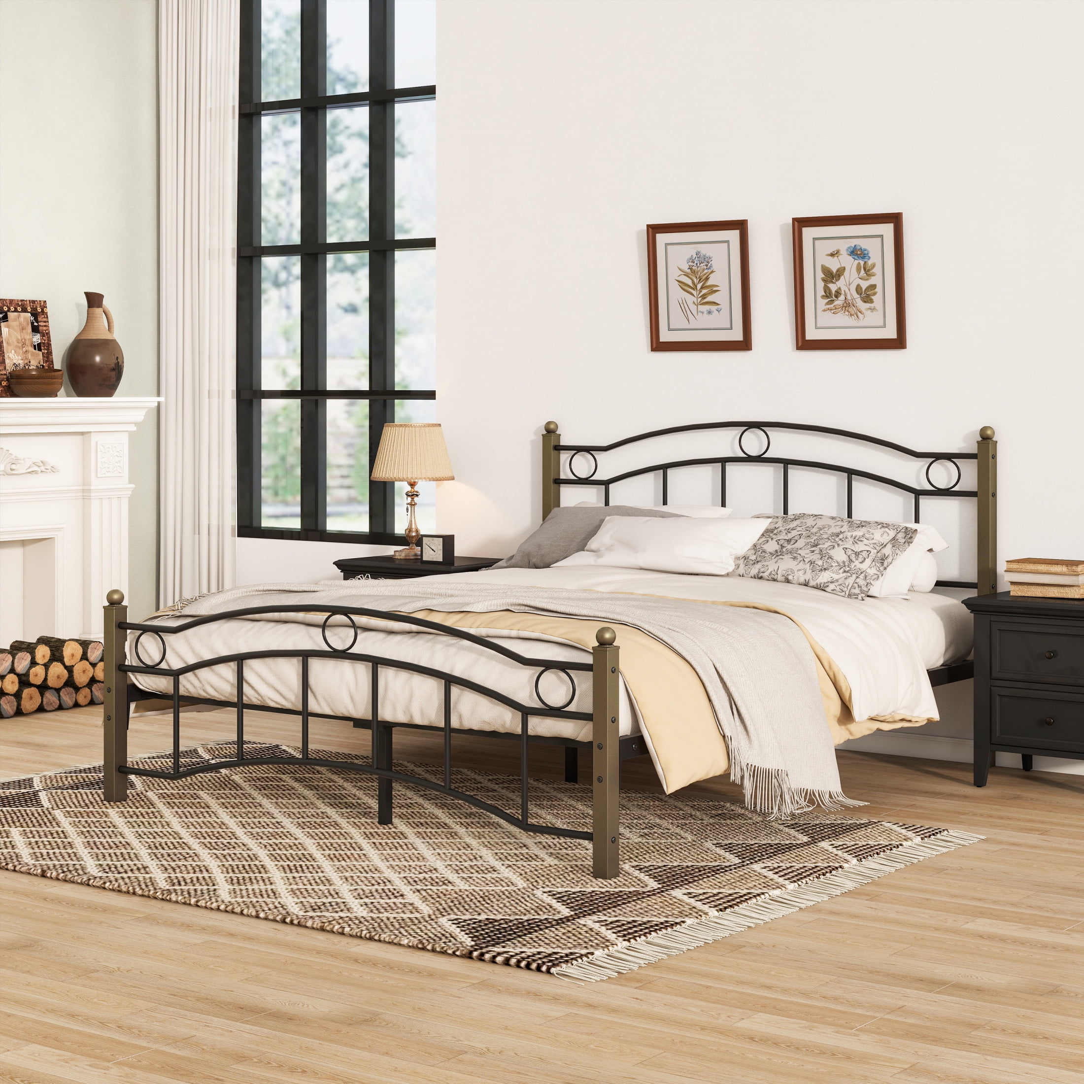 Christopher Knight Home Contemporary Full Size Metal Bed Frame with Wavy Headboard and Footboard, Black+Gold
