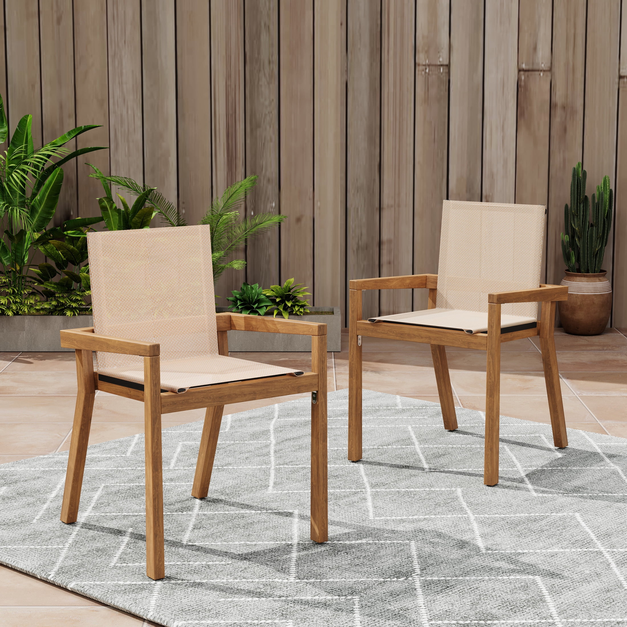 Christopher Knight Home Contemporary Outdoor Dining Chairs, Solid Wood Frame, Mesh Seating, Teak+ Beige, Set of 2