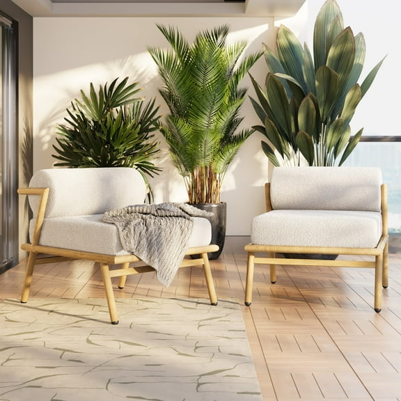 Christopher Knight Home Contemporary Outdoor Lounge Chairs with Cushions, Metal Frame, Off White+Teak, Set of 2