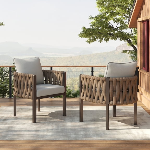 Christopher Knight Home Contemporary Outdoor Rope Lounge Chairs with Cushions, Steel Frame, Brown+Light Gray, Set of 2