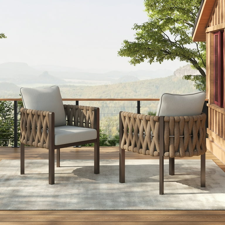 Christopher Knight Home Contemporary Outdoor Rope Lounge Chairs with  Cushions, Steel Frame, Brown+Light Gray, Set of