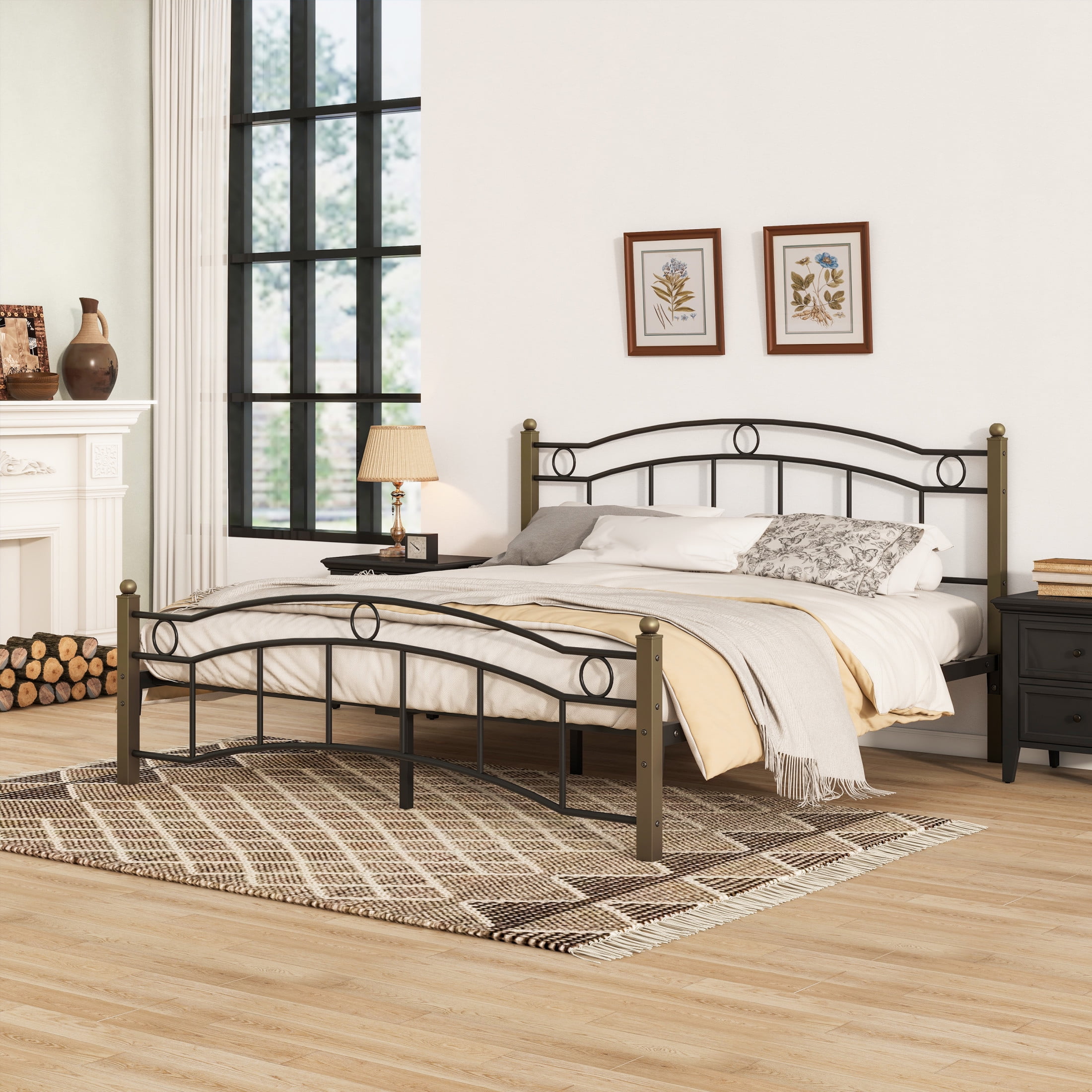 Christopher Knight Home Contemporary Queen Size Metal Bed Frame with Wavy Headboard and Footboard, Black+Gold