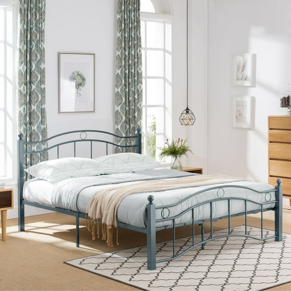 Christopher Knight Home Contemporary Queen Size Metal Bed Frame with Wavy Headboard and Footboard, Blue