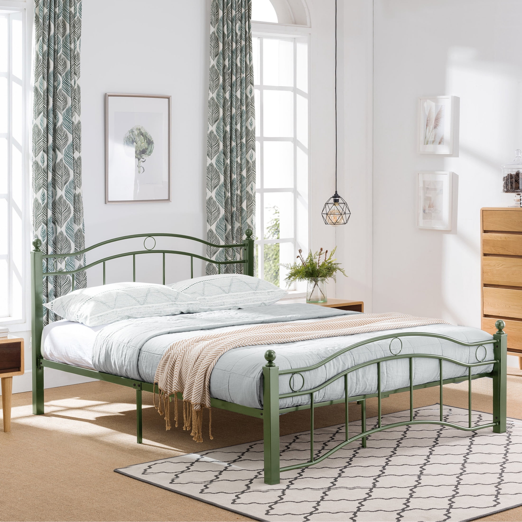 Christopher Knight Home Contemporary Queen Size Metal Bed Frame with Wavy Headboard and Footboard, Green