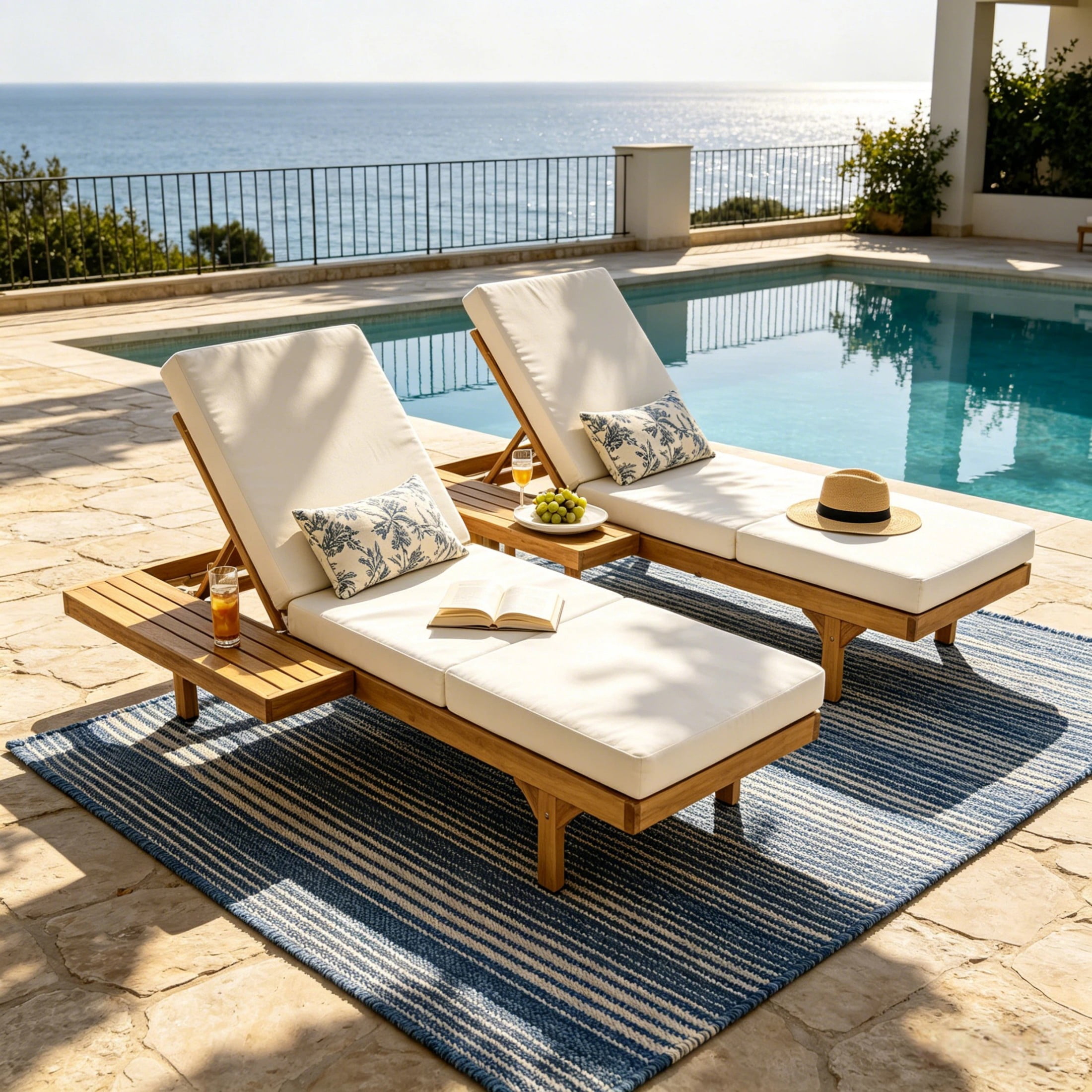 Christopher Knight Home Convertible 2-Person Outdoor Chaise Lounge Set, Triple-Fold Cushions, Teak+Cream