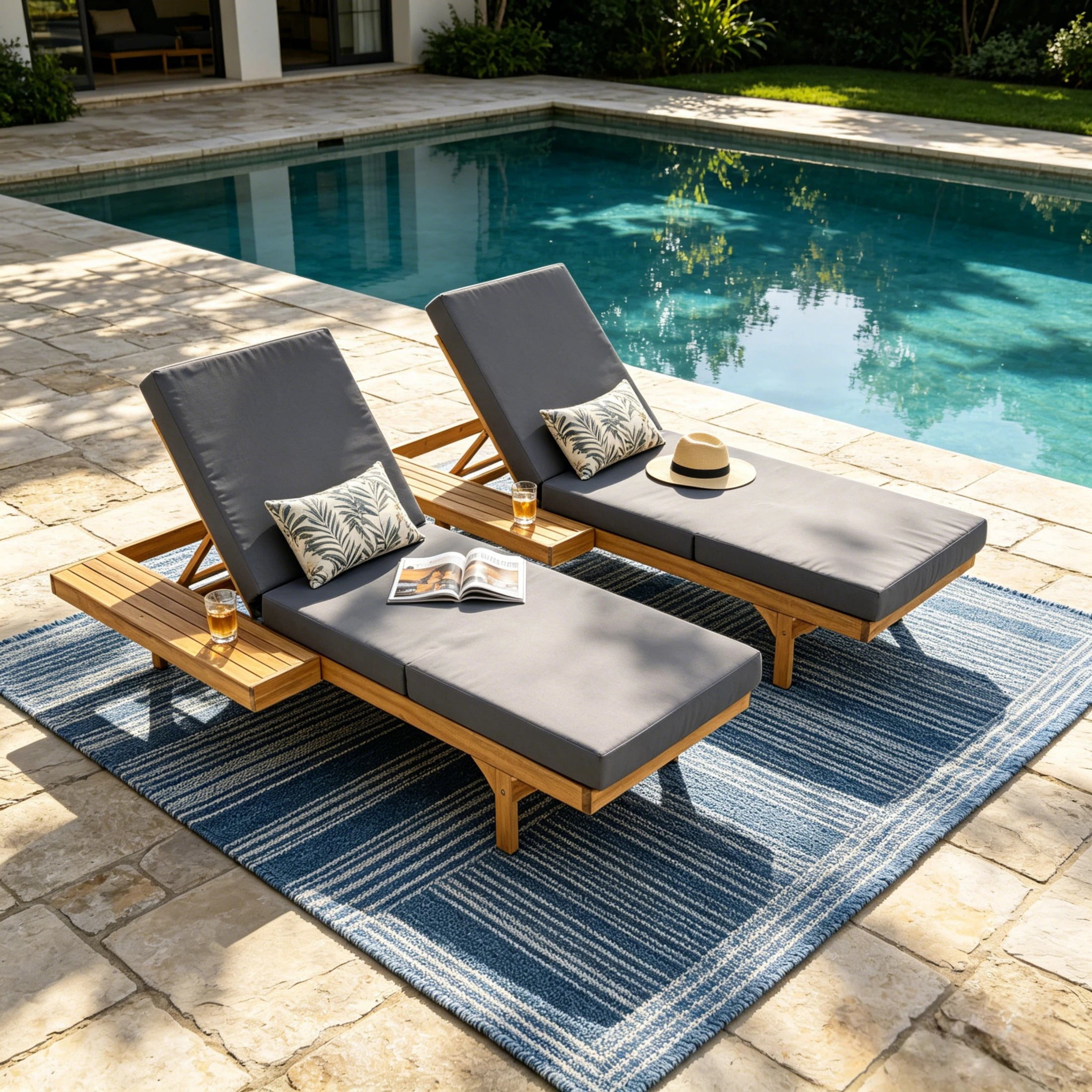 Christopher Knight Home Convertible 2-Person Outdoor Chaise Lounge Set, Triple-Fold Cushions, Teak+Gray