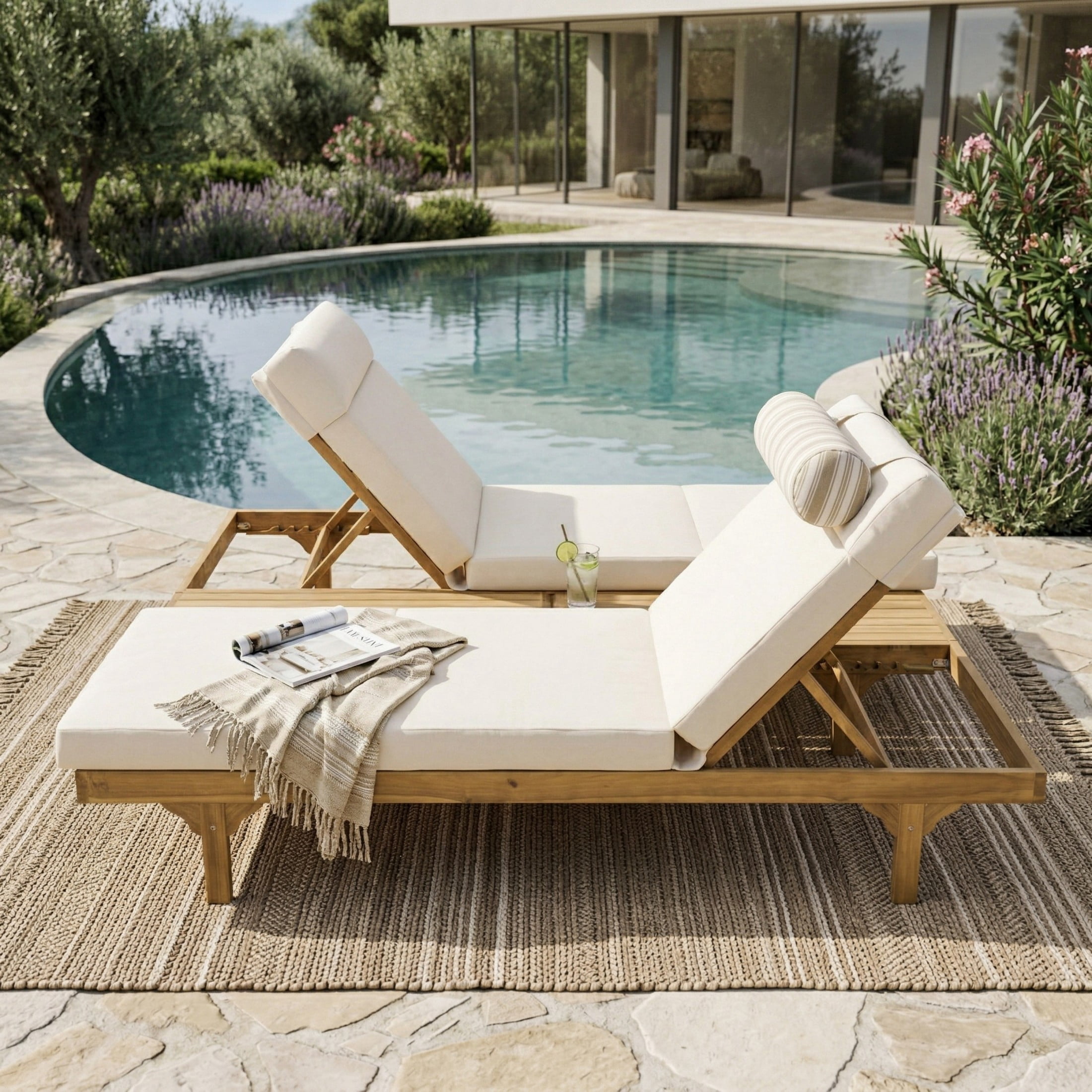 Christopher Knight Home Convertible 2-Person Outdoor Chaise Lounge Set, Triple-Fold Cushions with Headrest, Teak+Beige