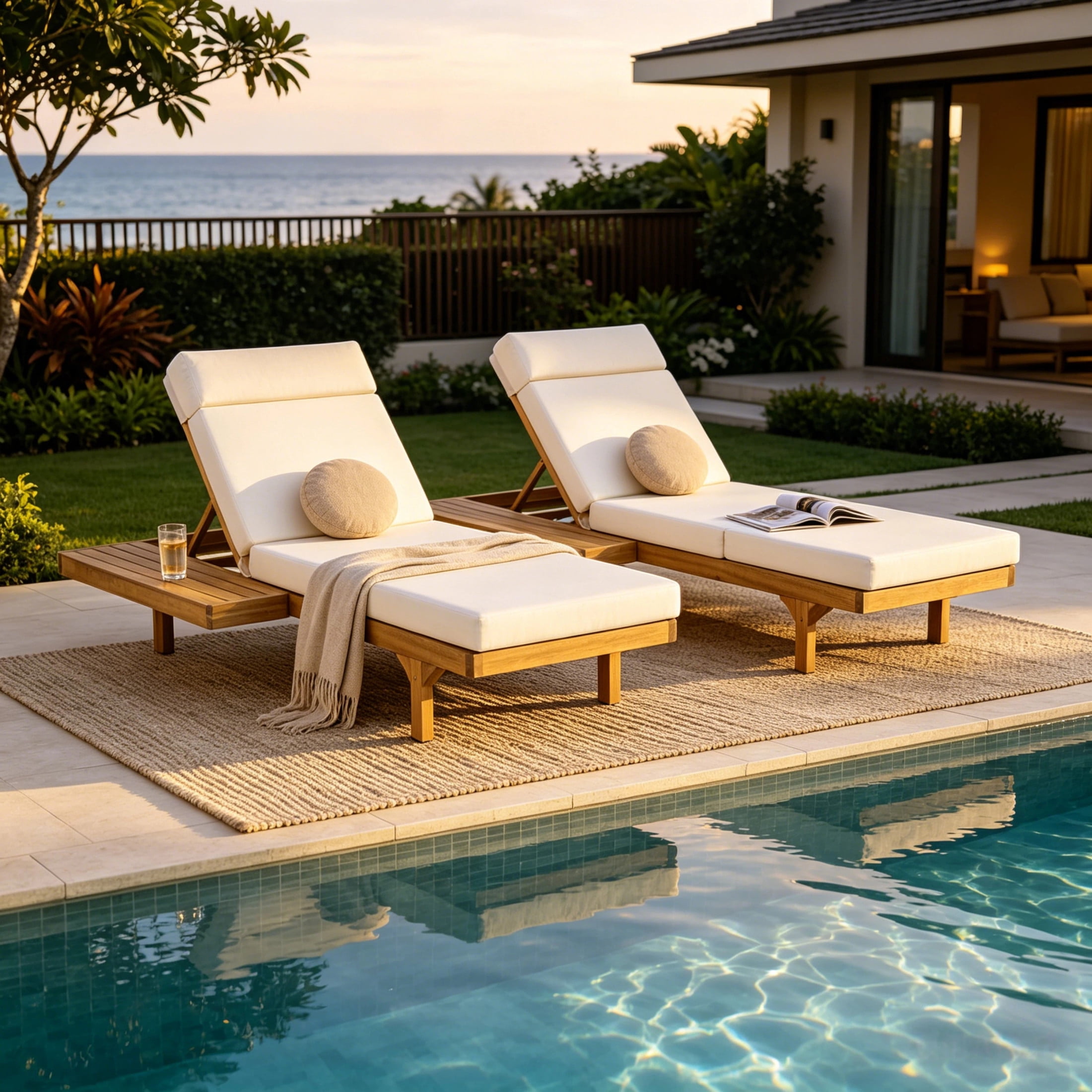 Christopher Knight Home Convertible 2-Person Outdoor Chaise Lounge Set, Triple-Fold Cushions with Headrest, Teak+Cream