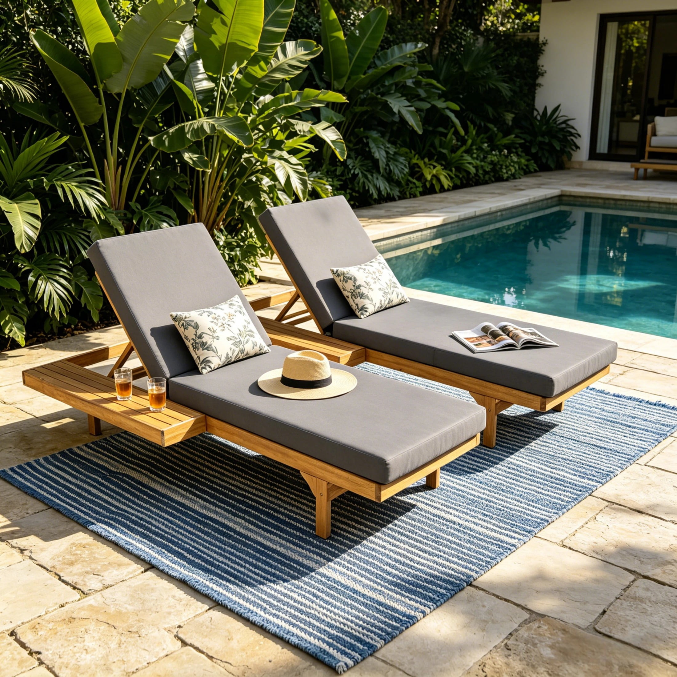 Christopher Knight Home Convertible 2-Person Outdoor Chaise Lounge Set with Cushions, Teak+Dark Gray
