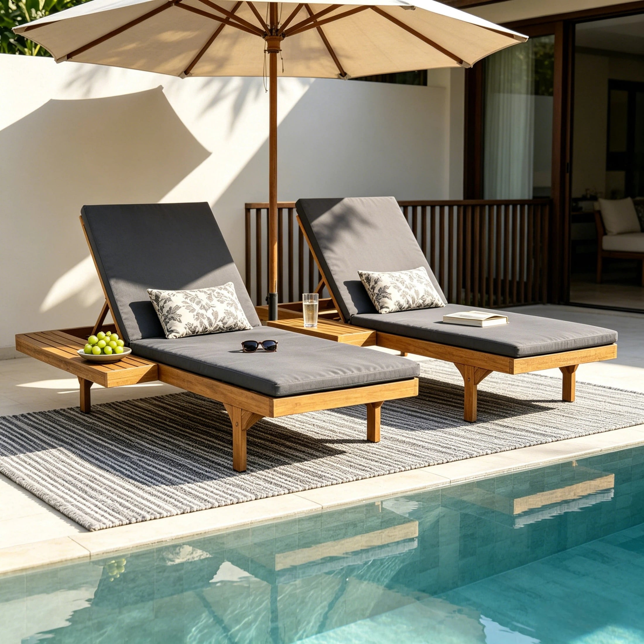 Christopher Knight Home Convertible 2-Person Outdoor Chaise Lounge Set with Foldable Cushions, Teak+Dark Gray