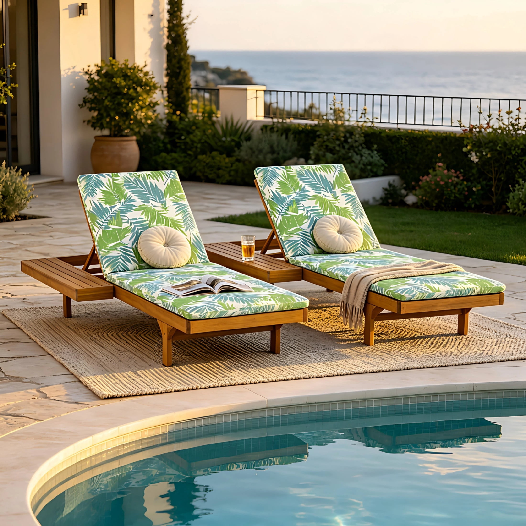 Christopher Knight Home Convertible 2-Person Outdoor Chaise Lounge Set with Foldable Cushions, Teak+Green Leaf