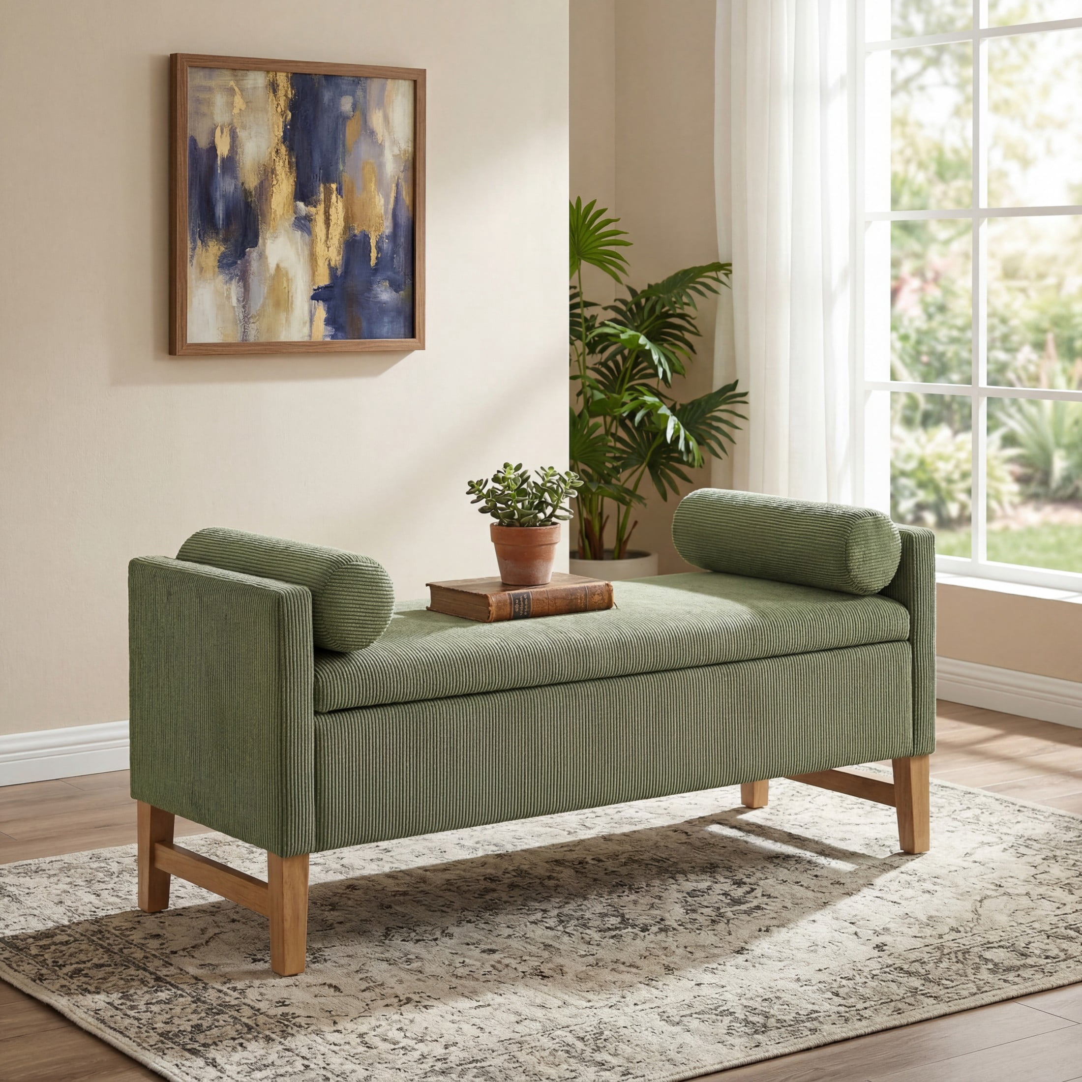 Christopher Knight Home Corduroy Storage Ottoman Bench with Wooden Legs and Pillows, Olive Green