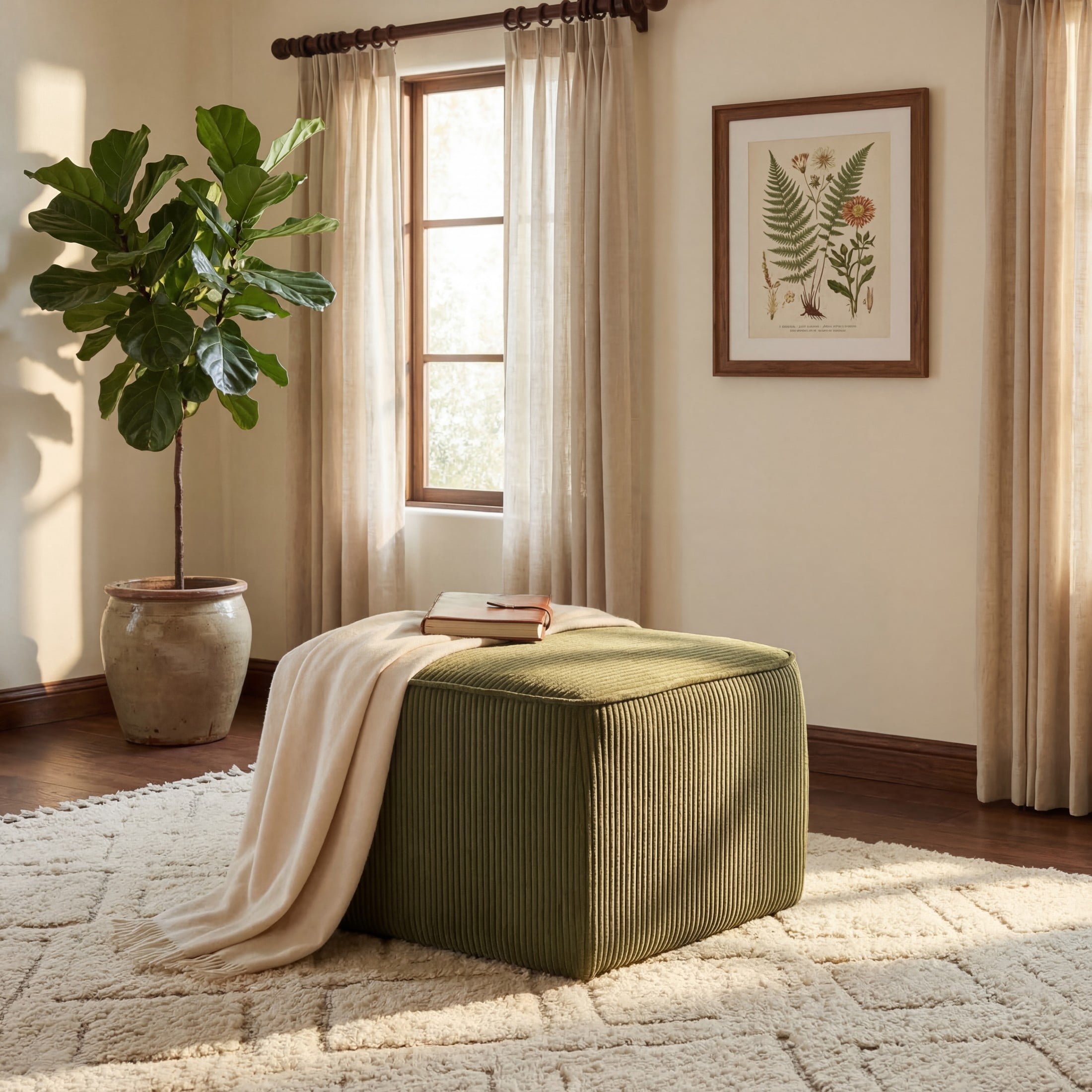 Christopher Knight Home Corduroy Upholstered Square Ottoman, Modular Footrest with Wood Frame, Olive Green
