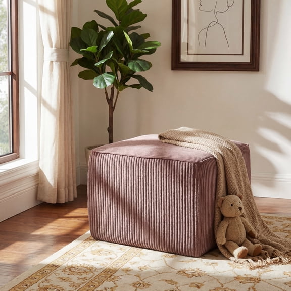 Christopher Knight Home Corduroy Upholstered Square Ottoman, Modular Footrest with Wood Frame, Pink