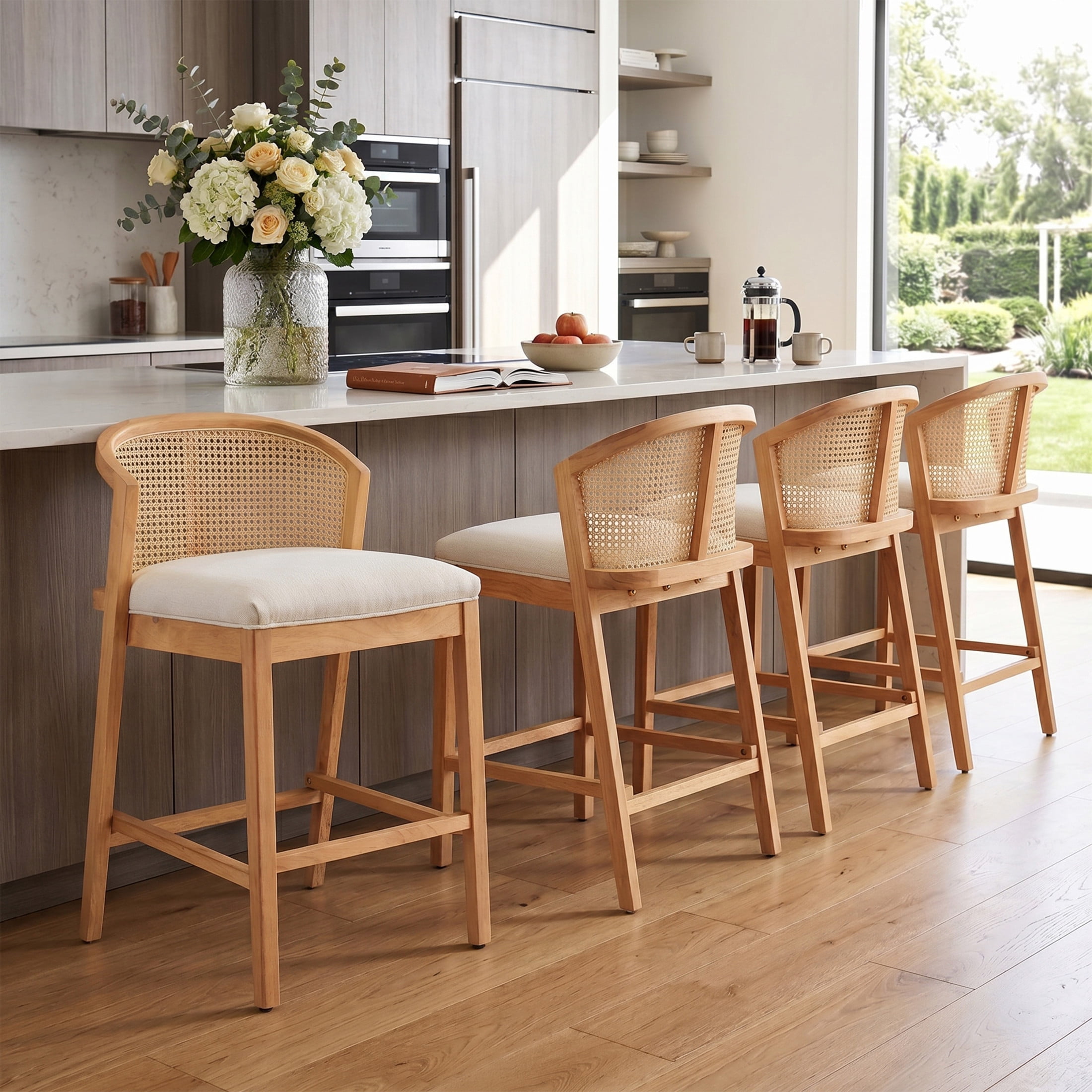 Christopher Knight Home Counter Height Bar Stools, Wood Frame and Rattan Backrest, Natural+Beige, Set of 4