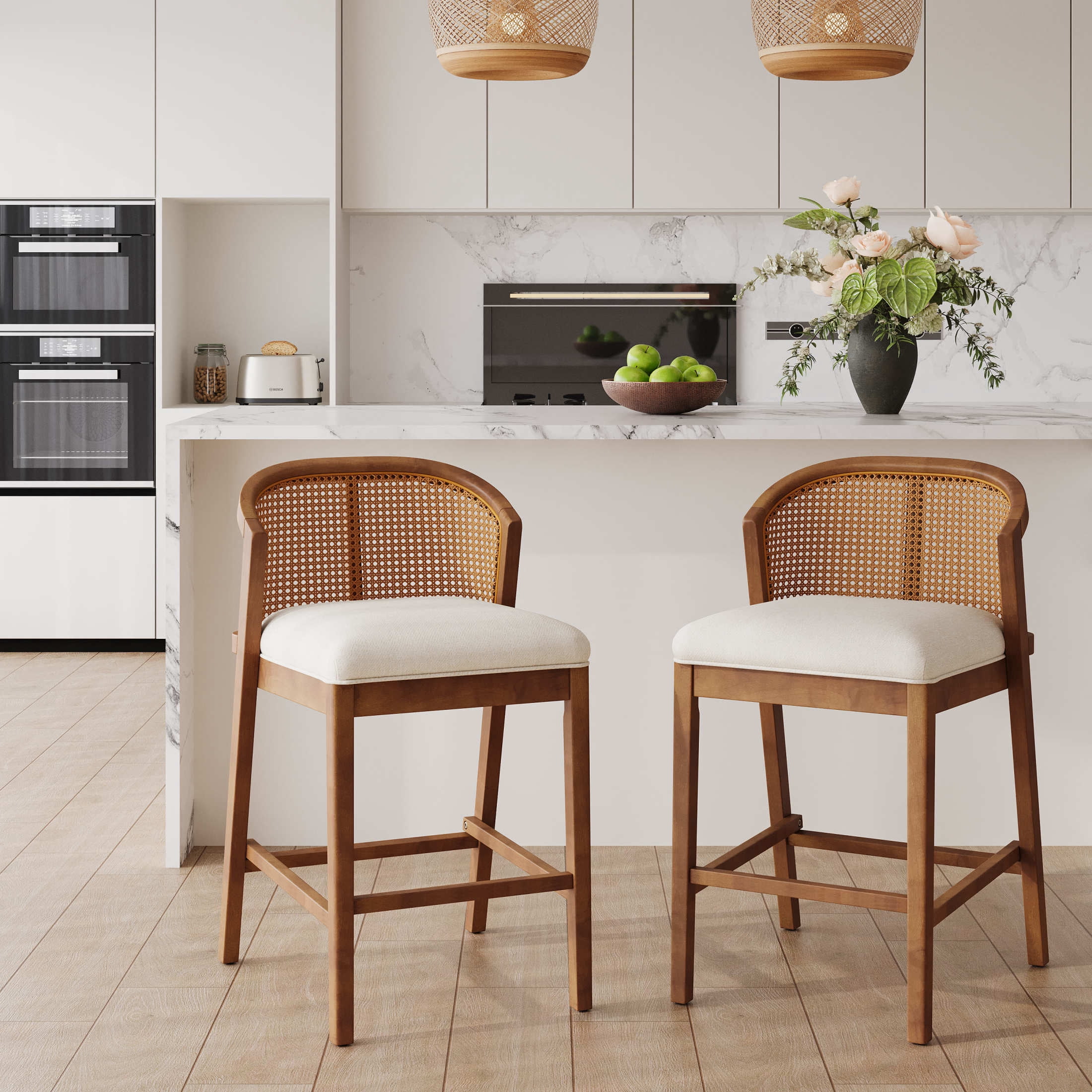 Christopher Knight Home Counter Height Bar Stools, Wood Frame and Rattan Backrest, Walnut+Beige, Set of 2