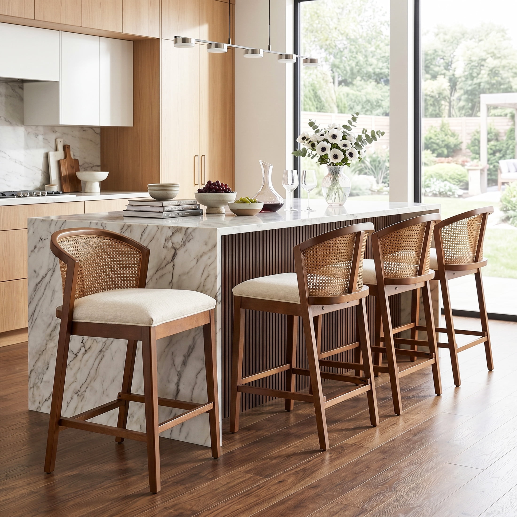 Christopher Knight Home Counter Height Bar Stools, Wood Frame and Rattan Backrest, Walnut+Beige, Set of 4