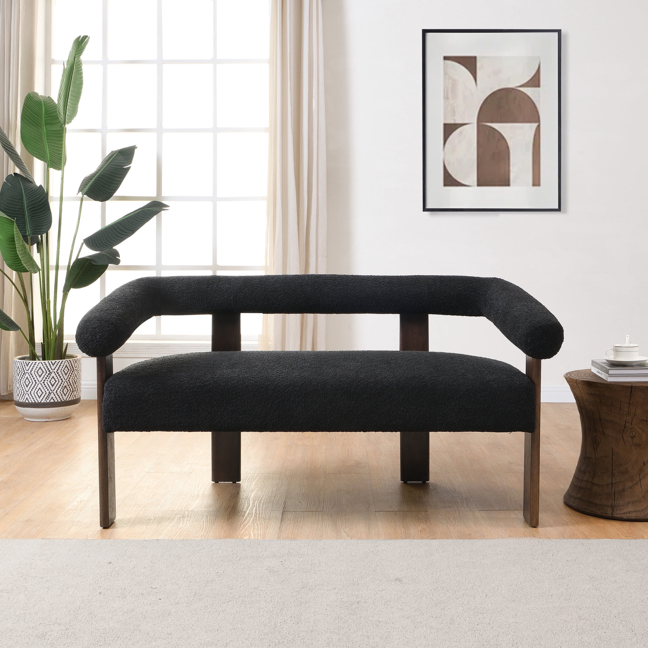 Christopher Knight Home 53" Curved Arm Upholstery Loveseat, Wood Frame, Modern Accent Sofa, Black+Brown