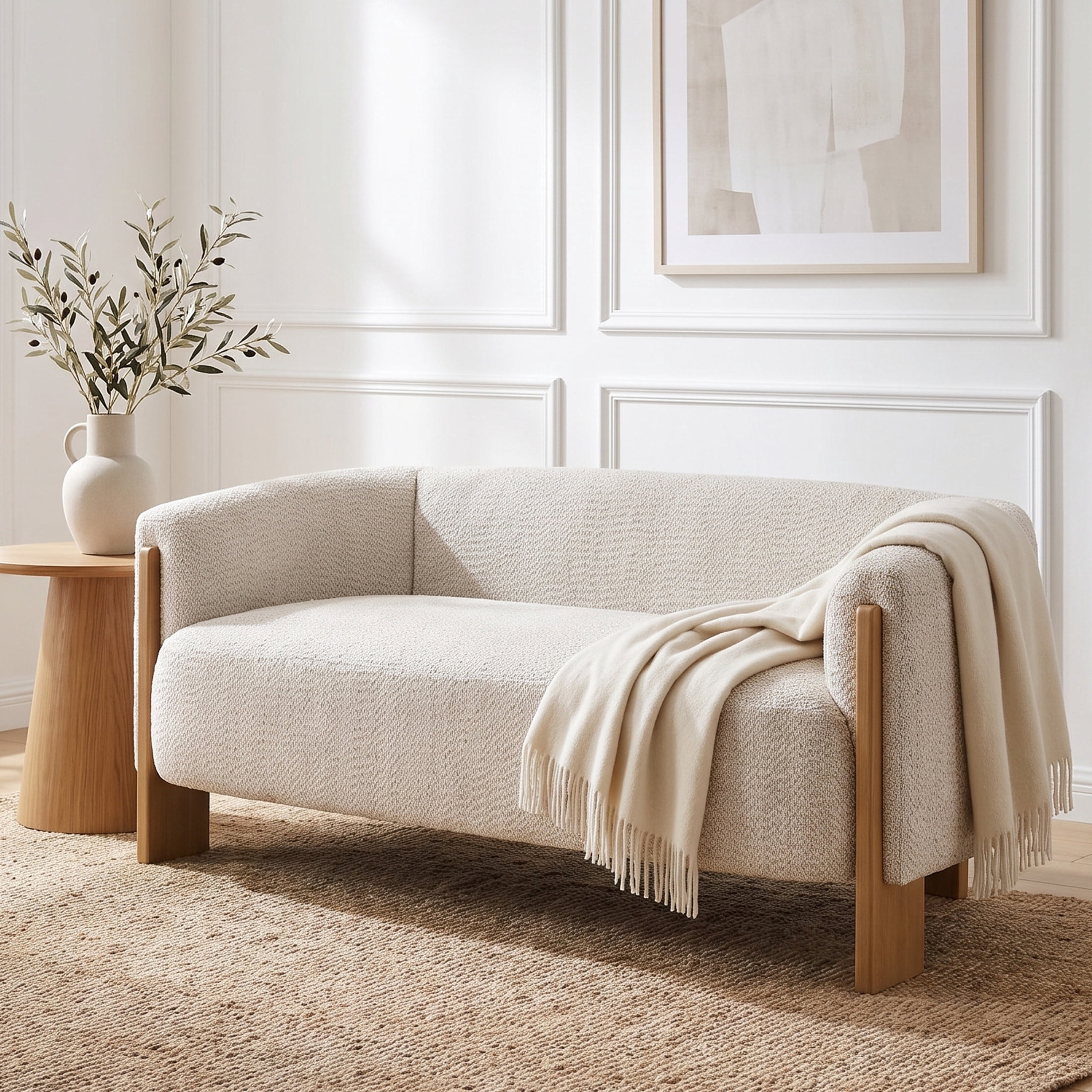 Christopher Knight Home Curved Boucle Loveseat, 2-Seater Sofa with Rubberwood Legs, Foam Cushion, Almond