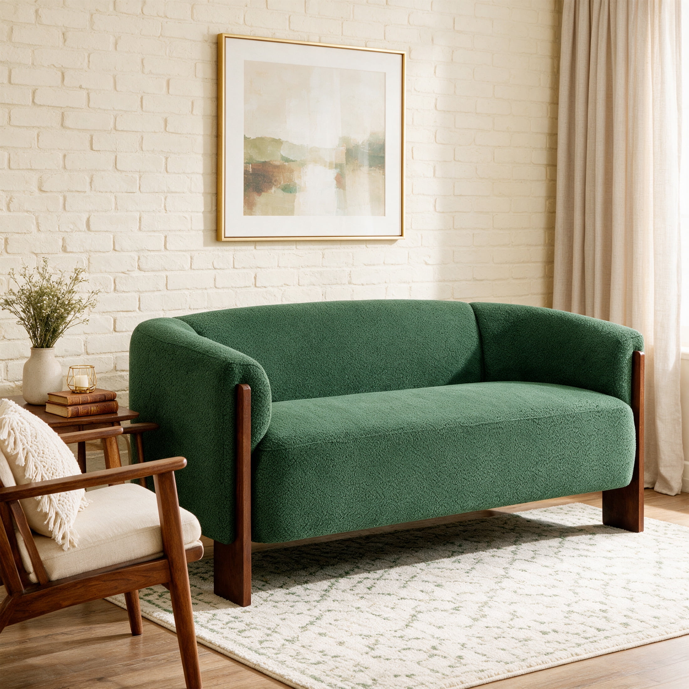 Christopher Knight Home Curved Boucle Loveseat, 2-Seater Sofa with Rubberwood Legs, Foam Cushion, Green