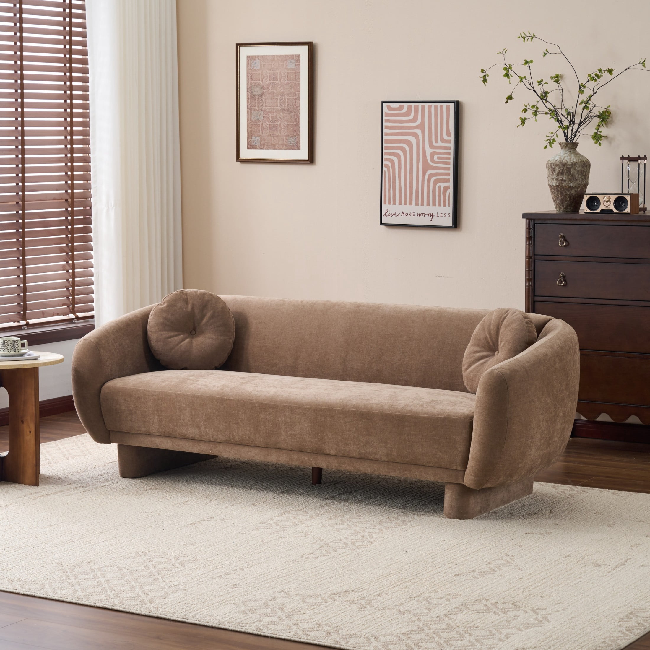 Christopher Knight Home Curved Upholstered 3-Seater Sofa, Soft Modern Couch with Pillows, Brown