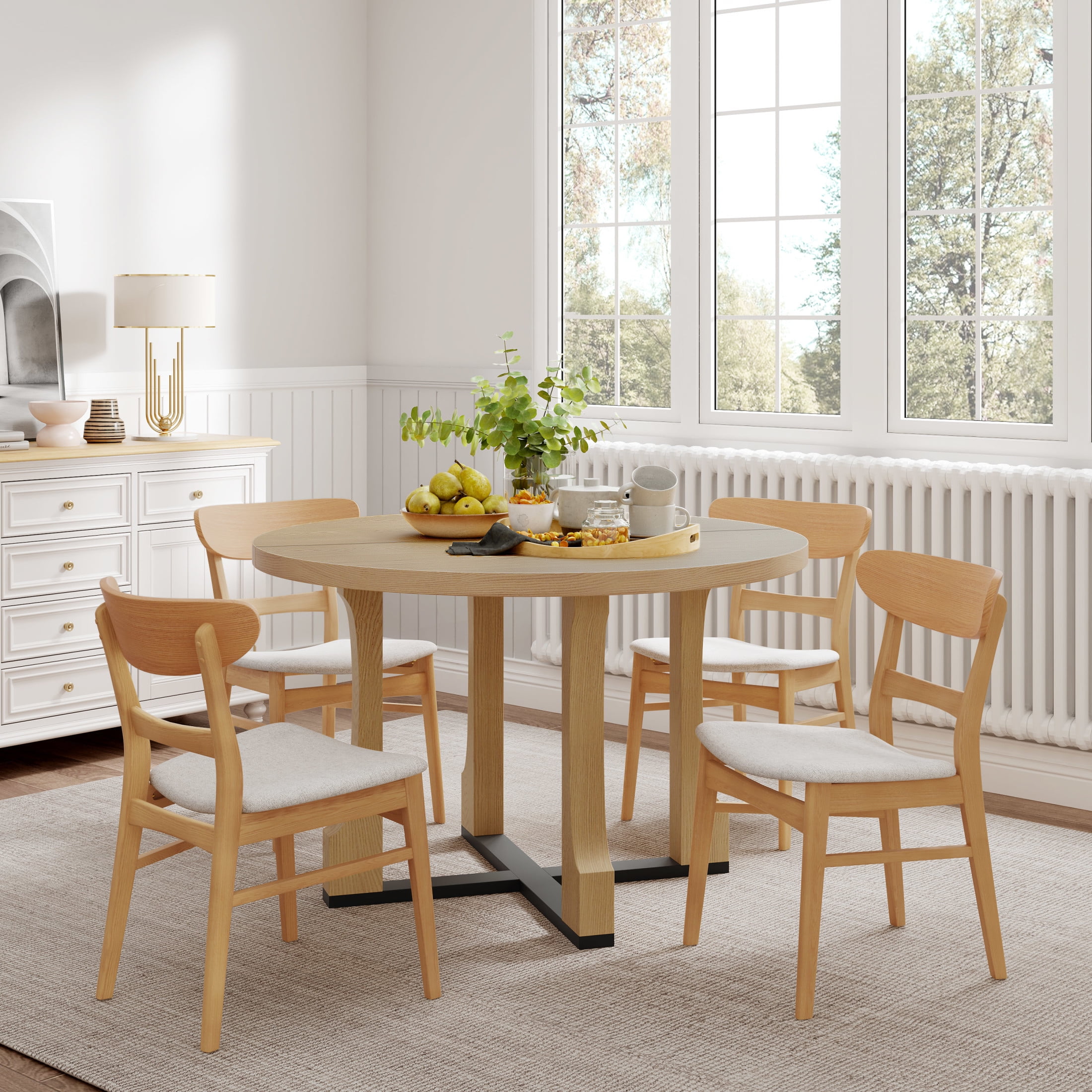 Christopher Knight Home Dining Set for 4 with 48" Round Table & Upholstered Chairs, Beige+Natural