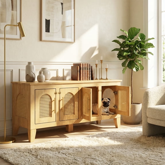 Christopher Knight Home Dog Crate Cabinet, Rattan Pet Kennel with Storage, Natural
