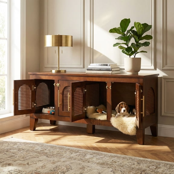 Christopher Knight Home Dog Crate Cabinet, Rattan Pet Kennel with Storage, Walnut