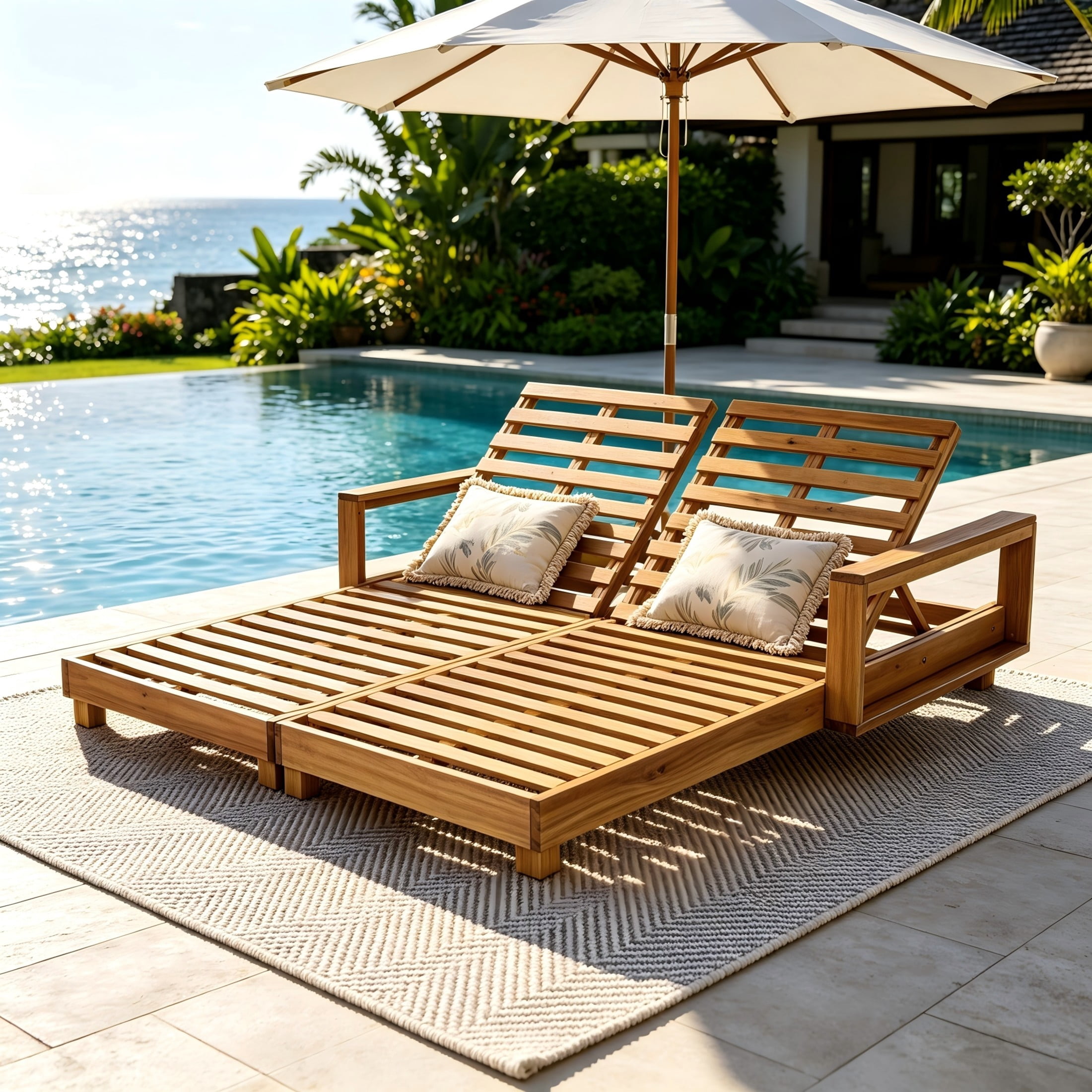 Christopher Knight Home Double Outdoor Chaise Lounge, Recliner with Adjustable Backrests, Light Natural