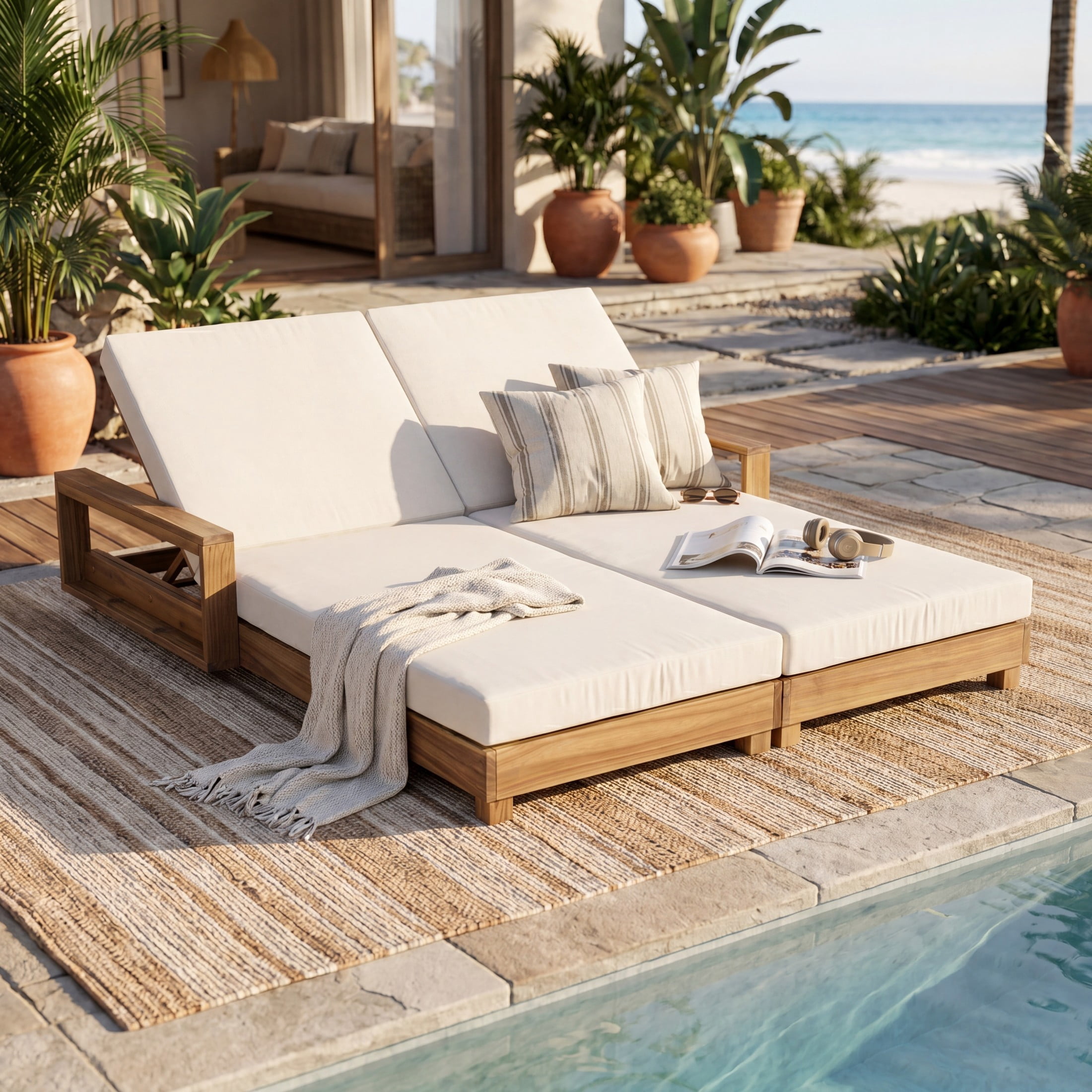 Christopher Knight Home Double Outdoor Chaise Lounge Set, Recliner with Cushions, Light Natural+Cream