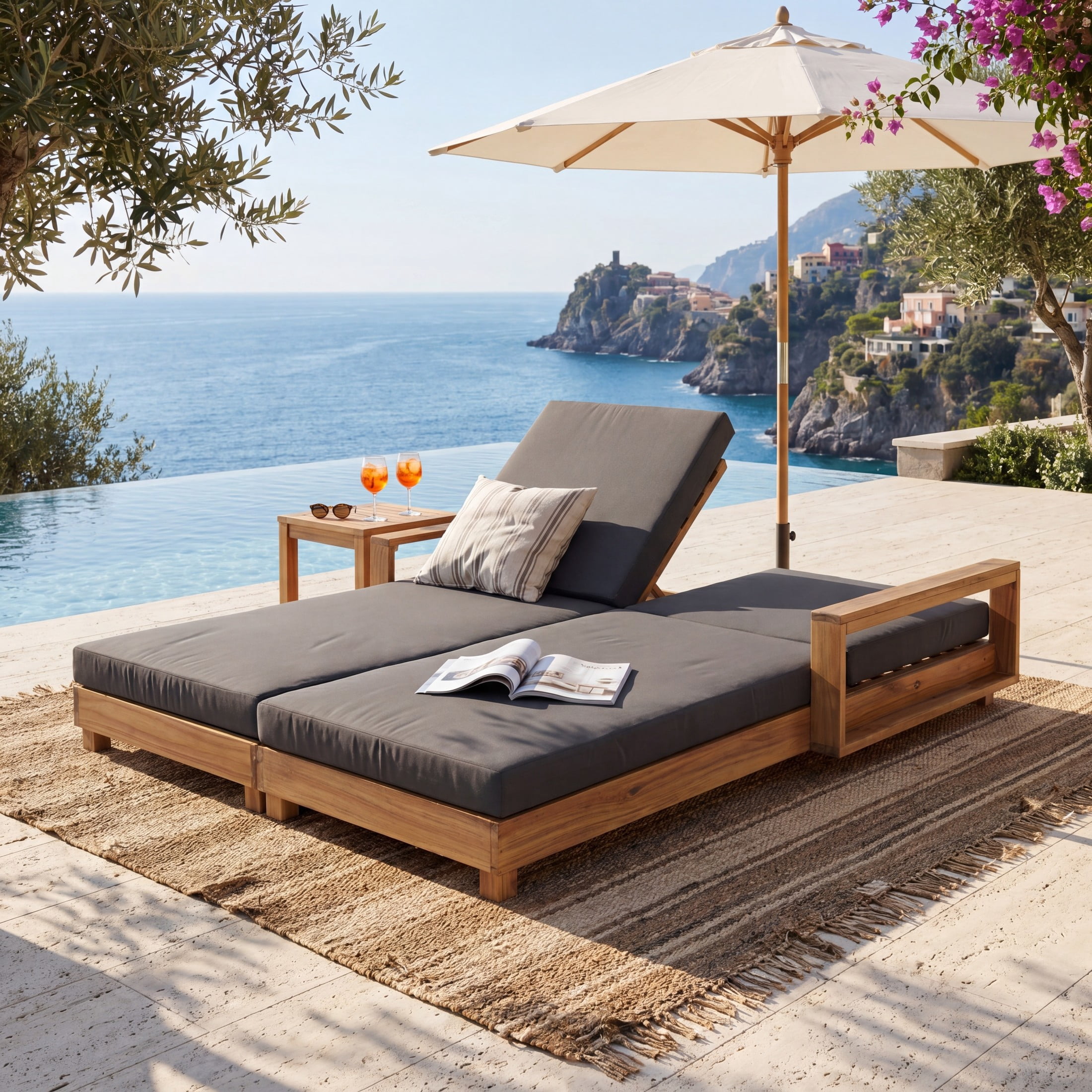 Christopher Knight Home Double Outdoor Chaise Lounge Set, Recliner with Cushions, Light Natural+Dark Gray
