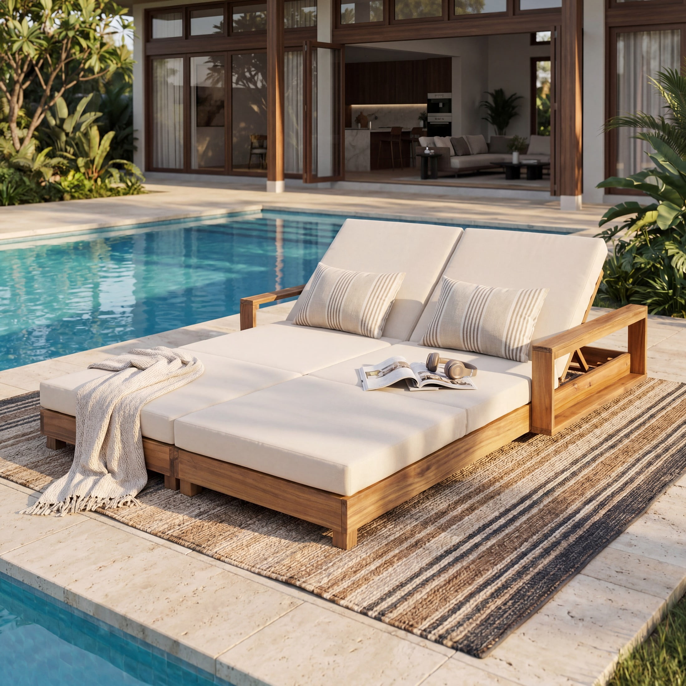 Christopher Knight Home Double Outdoor Chaise Lounge Set with 3-Fold Cushions, Light Natural + Cream