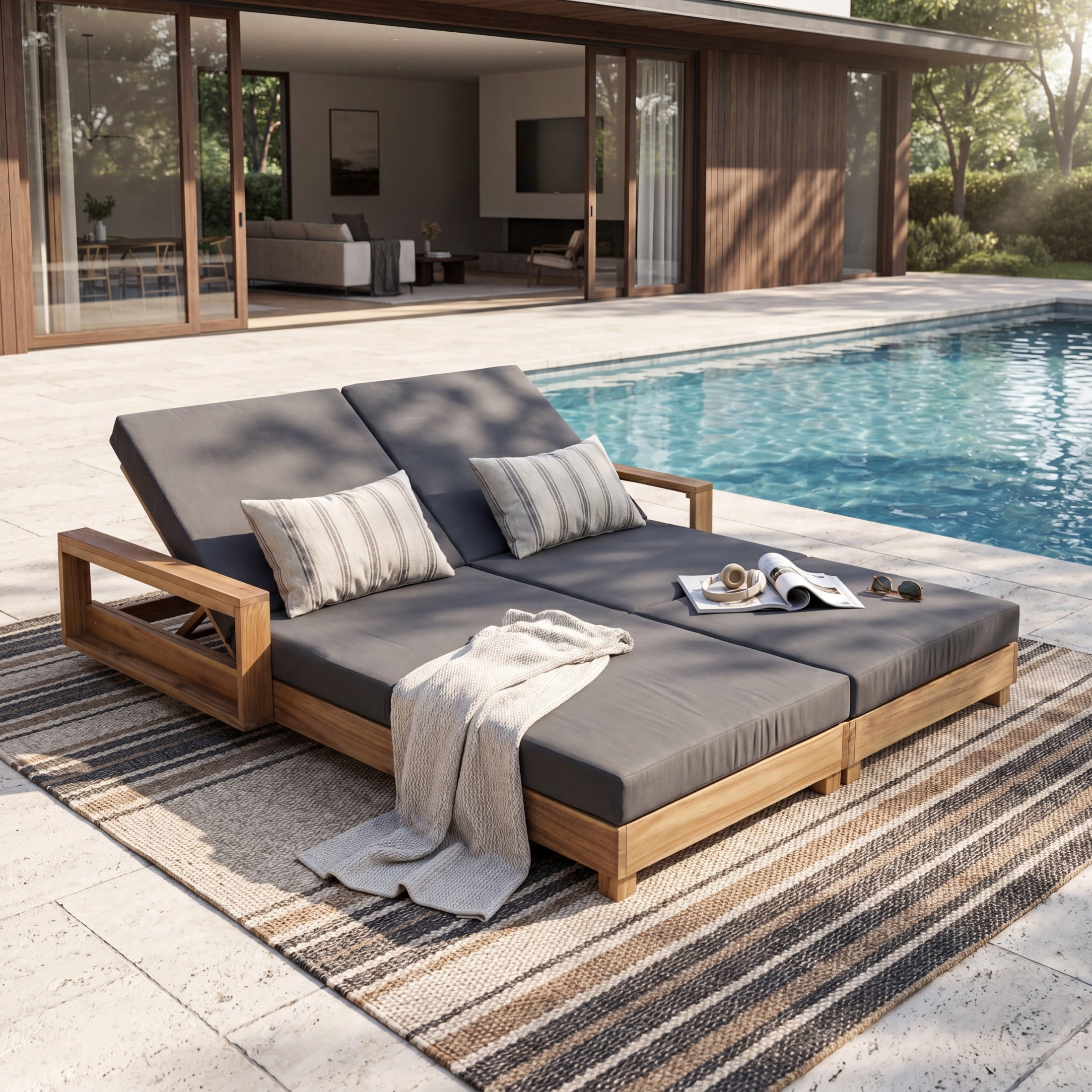 Christopher Knight Home Double Outdoor Chaise Lounge Set with 3-Fold Cushions, Light Natural+Dark Gray