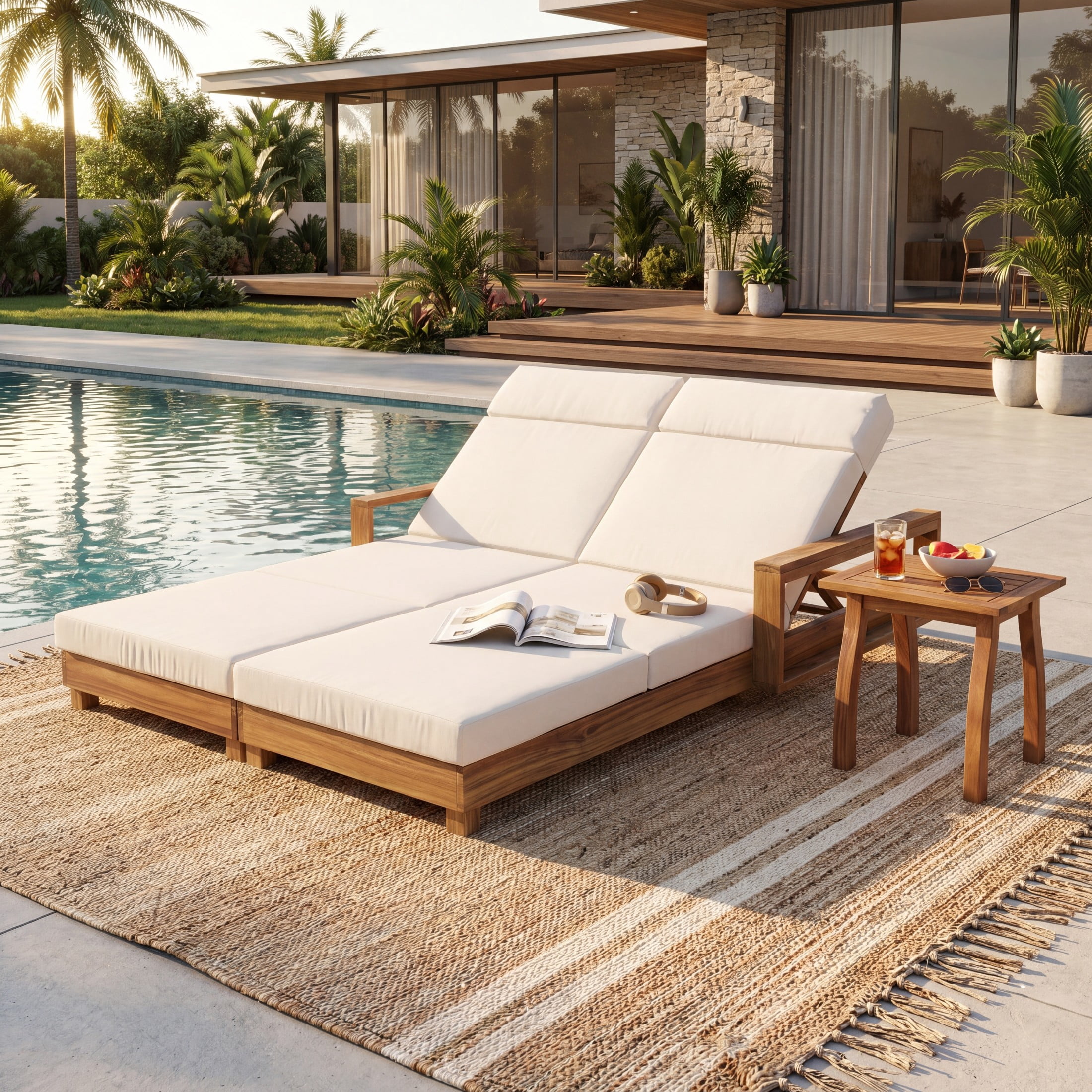 Christopher Knight Home Double Wood Outdoor Chaise Lounge with Adjustable Backrests and Cushions, Cream