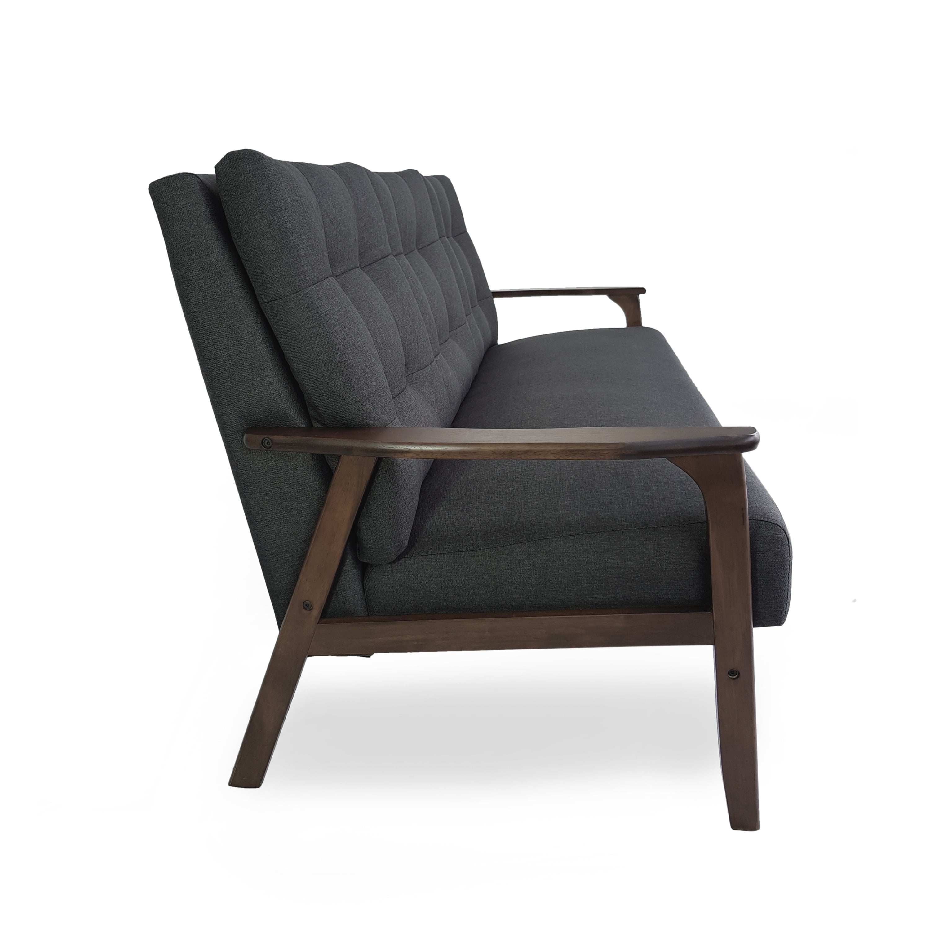 Mid-Century Tufted Black Fabric Sofa with Walnut Wood Frame