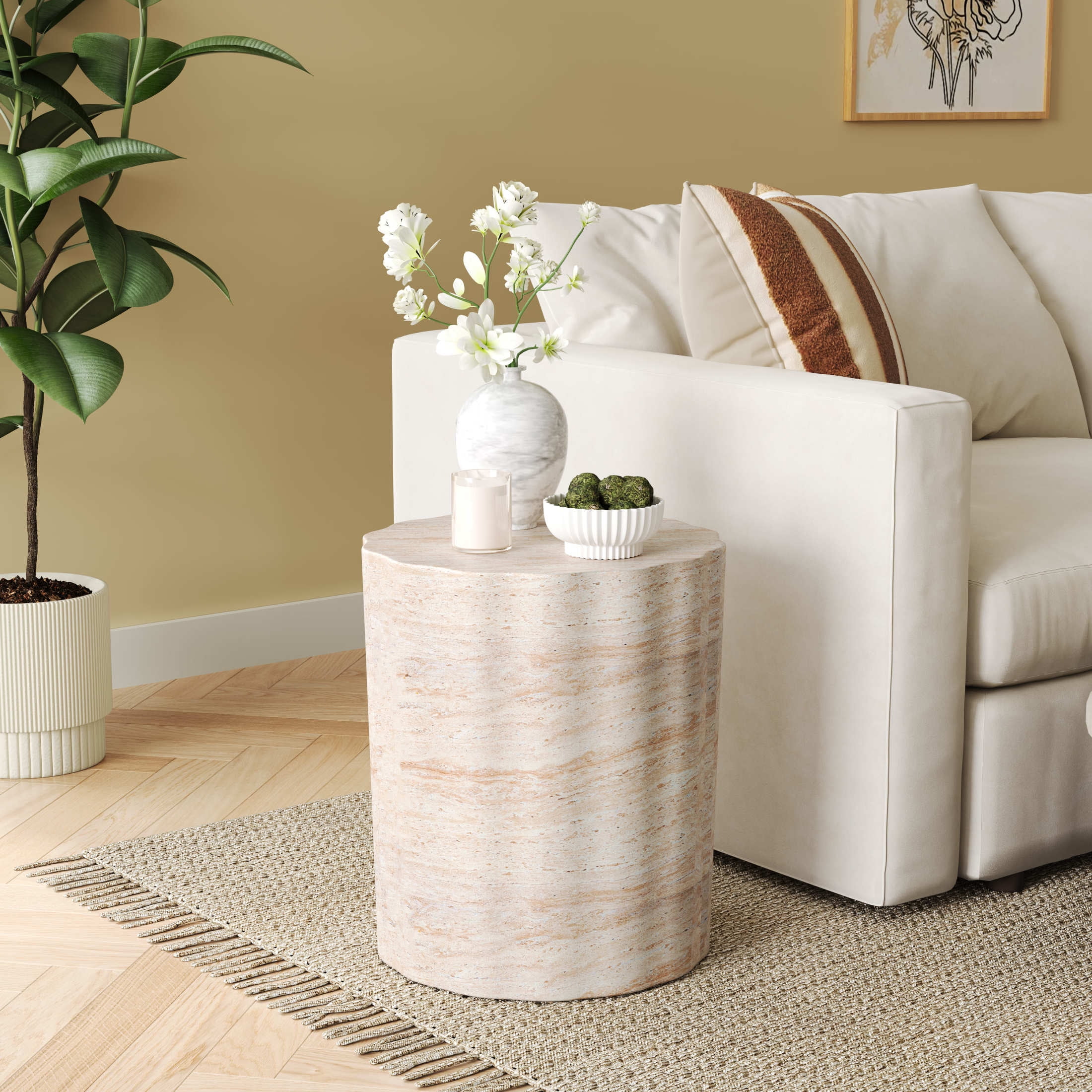 Christopher Knight Home Elegant 15" Outdoor Lightweight Concrete Round Side Table, Travertine Finish