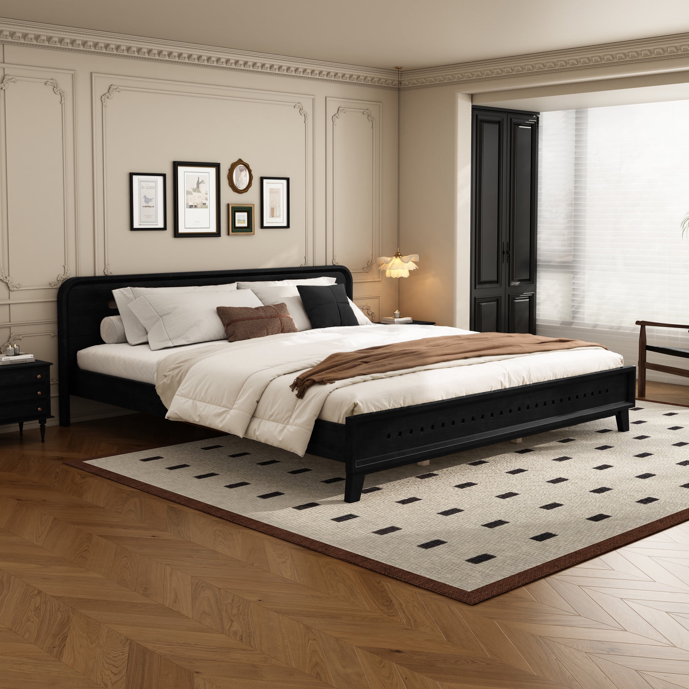 Christopher Knight Home Elegant Wooden King Size Bed Frame with Headboard, Black