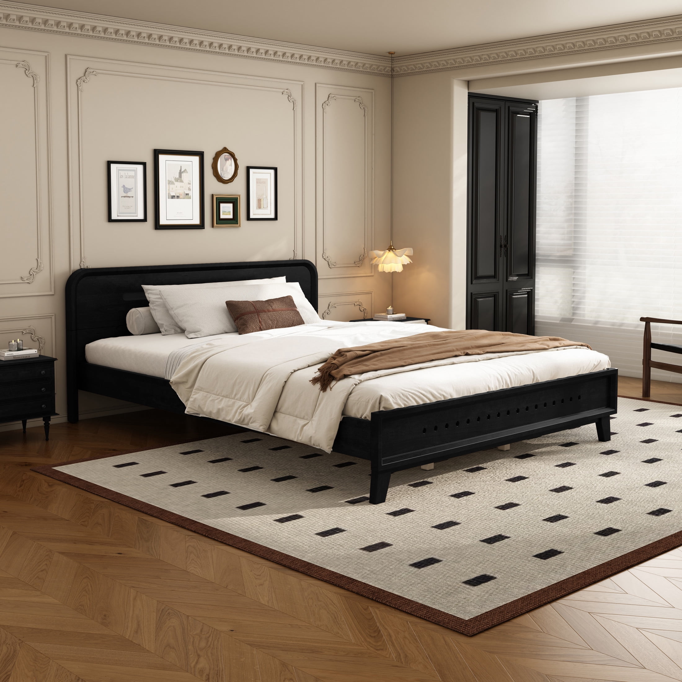 Christopher Knight Home Elegant Wooden Queen Size Bed Frame with Headboard, Black