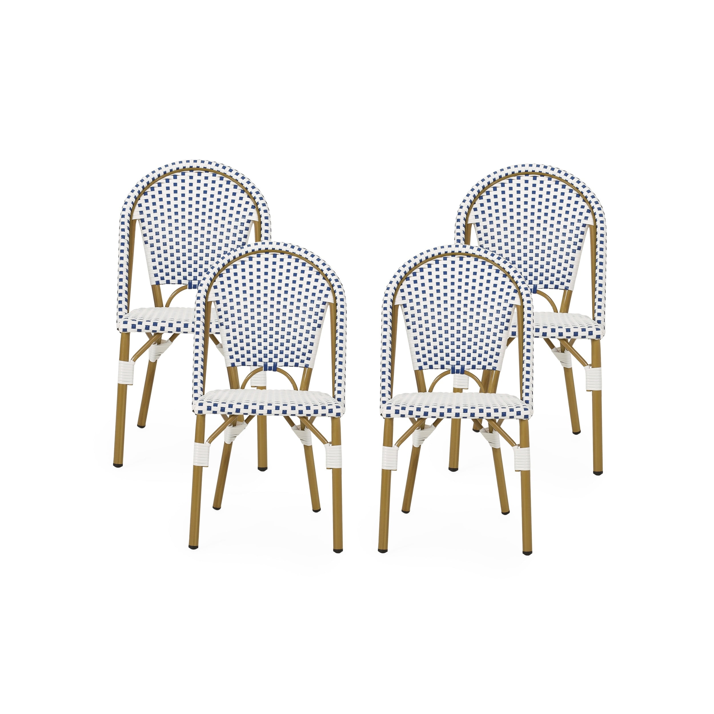 Set of 4 Blue and White Bamboo Print Armless Bistro Chairs