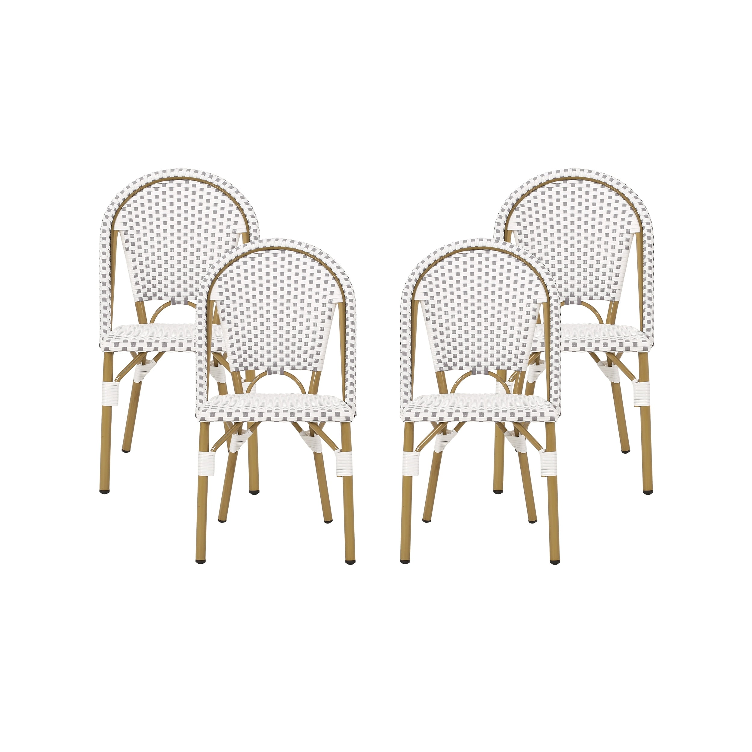 Gray and White Bamboo Print Outdoor Armless Bistro Chairs, Set of 4