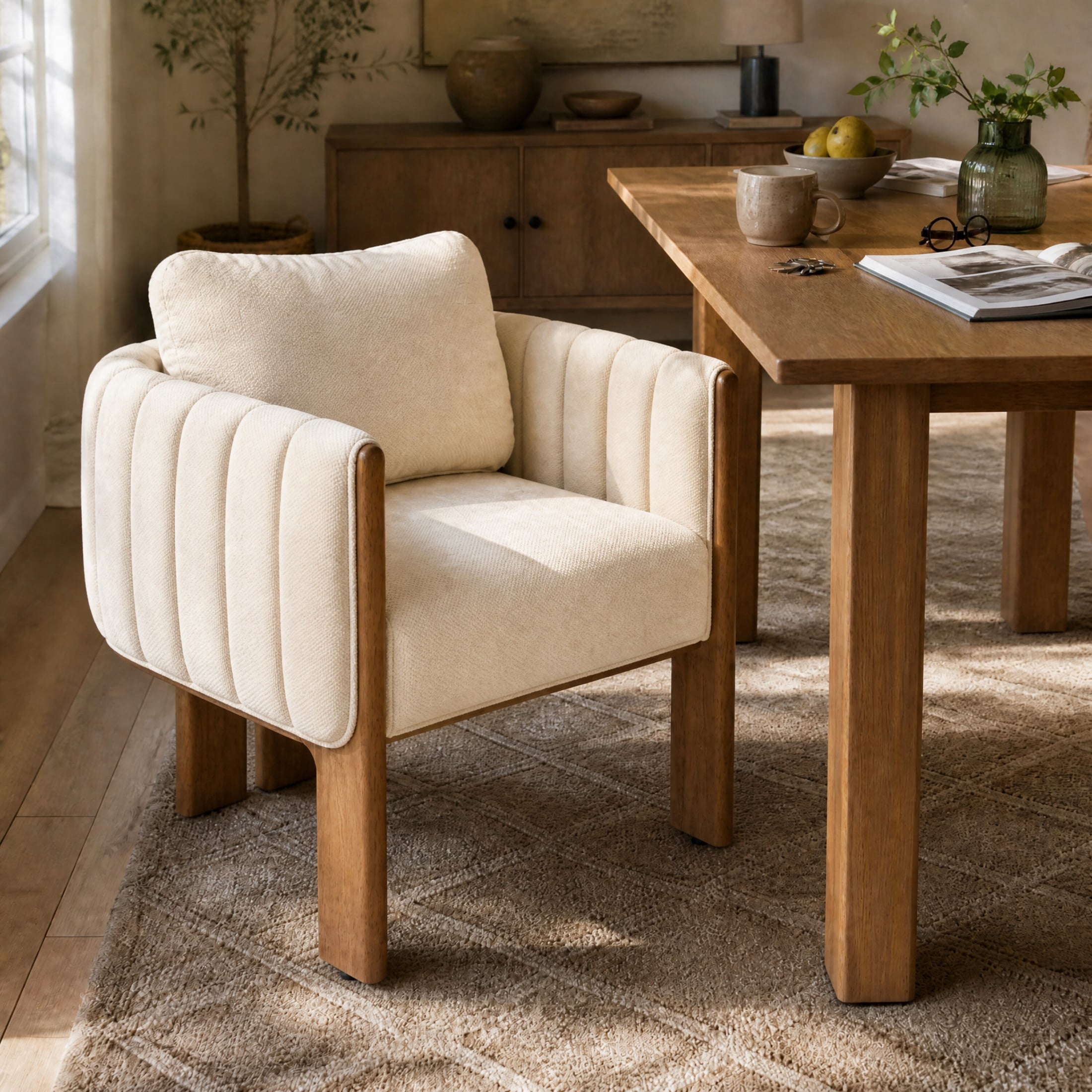 Christopher Knight Home Fabric Upholstered Dining Chairs, Channel Tufted Accent Chairs, Beige+Walnut