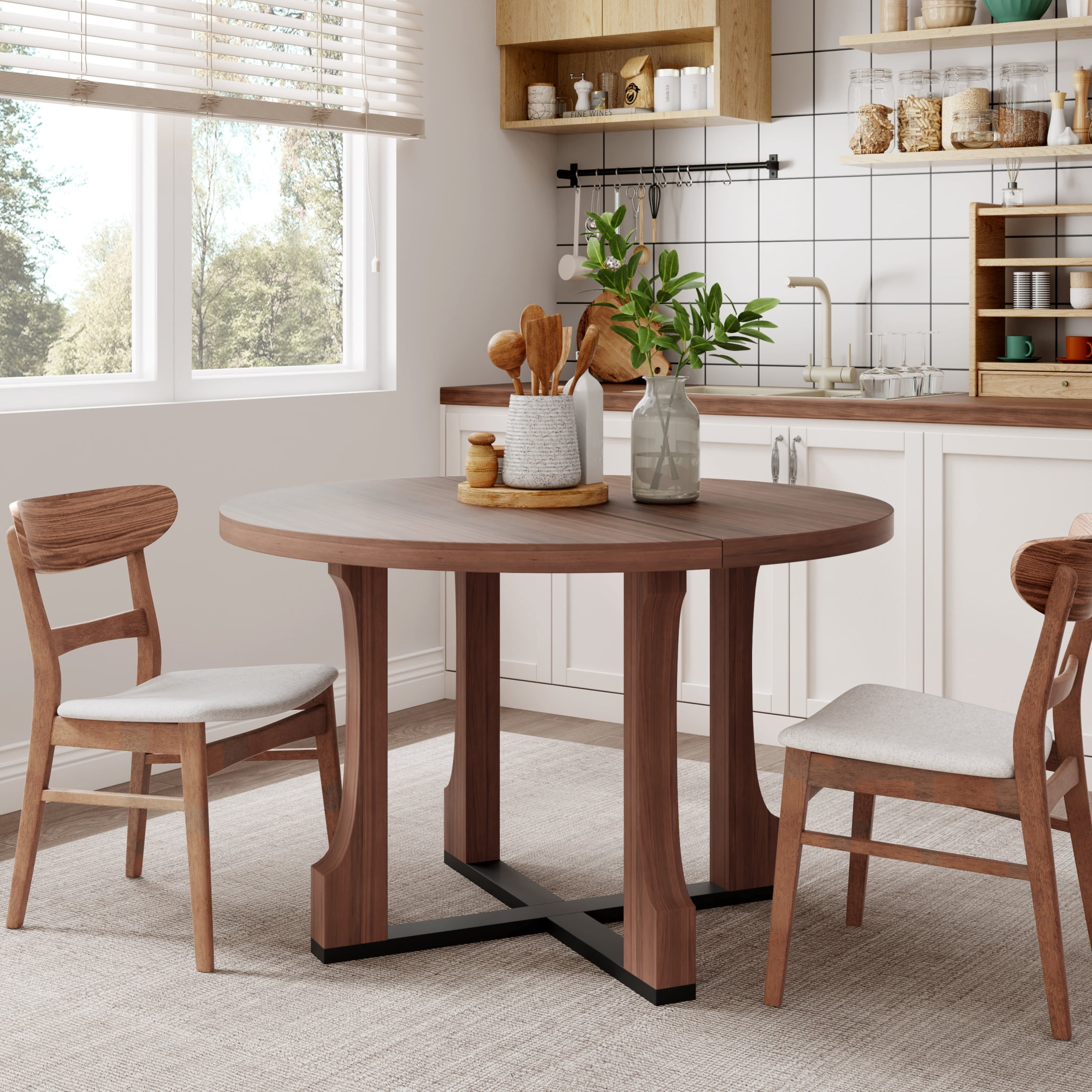 Christopher Knight Home Farmhouse 48" Round Dining Table, Solid Wood X-Base, Walnut