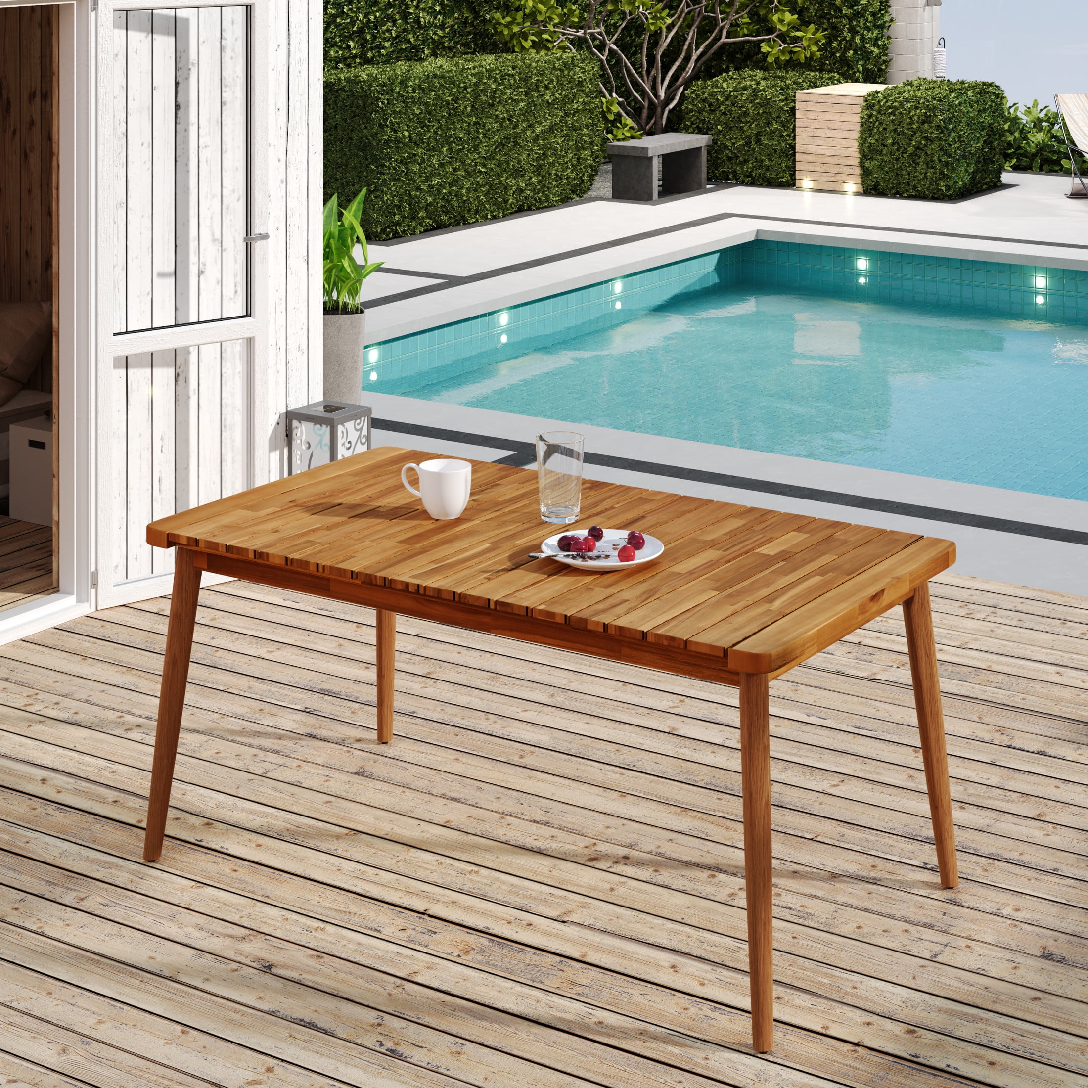 Christopher Knight Home Farmhouse 63" Outdoor Dining Table, Solid Wood Frame, Seats 6, Teak Finish