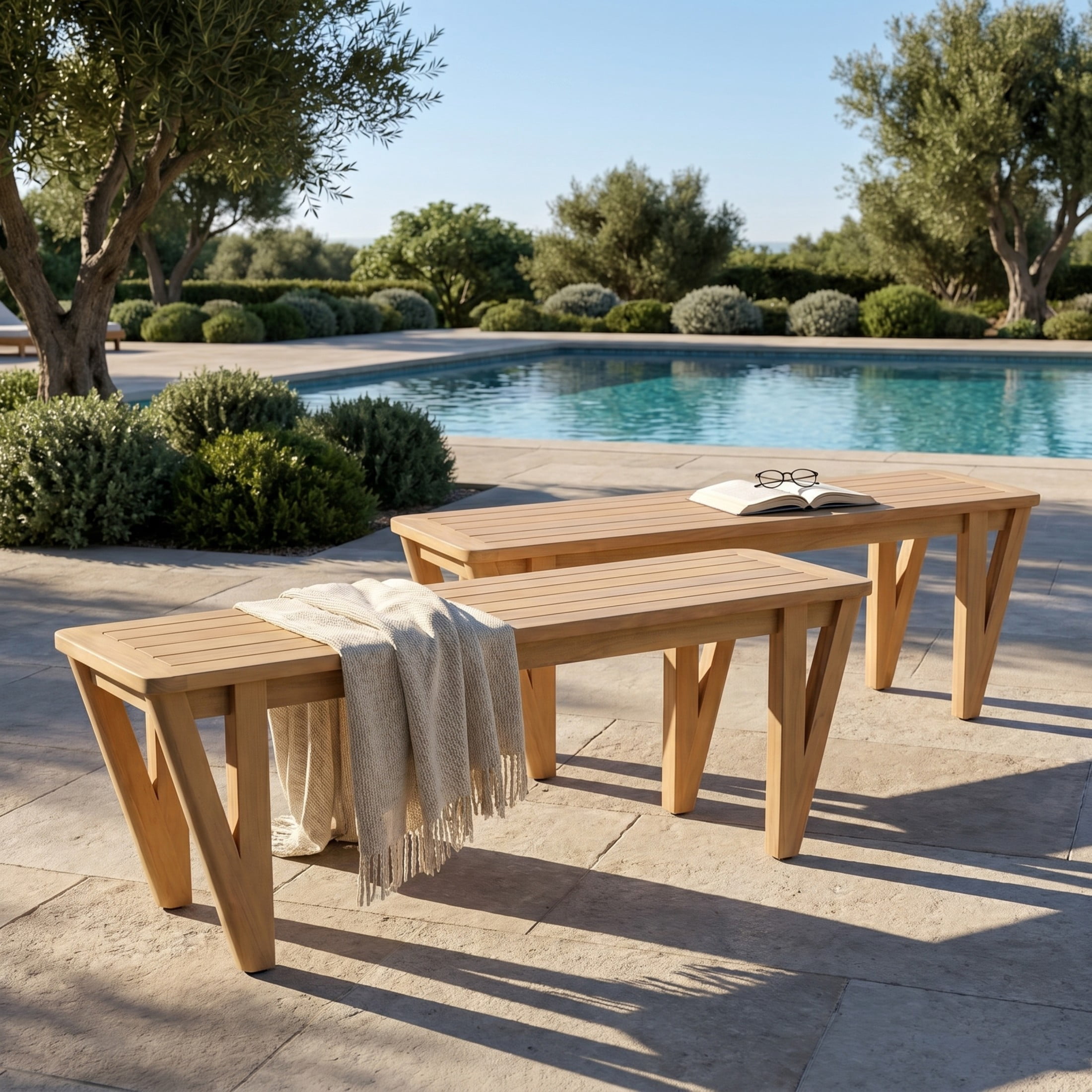 Christopher Knight Home Farmhouse Acacia Wood Outdoor Dining Bench with V-Legs for 2 to 3, Light Teak, Set of 2