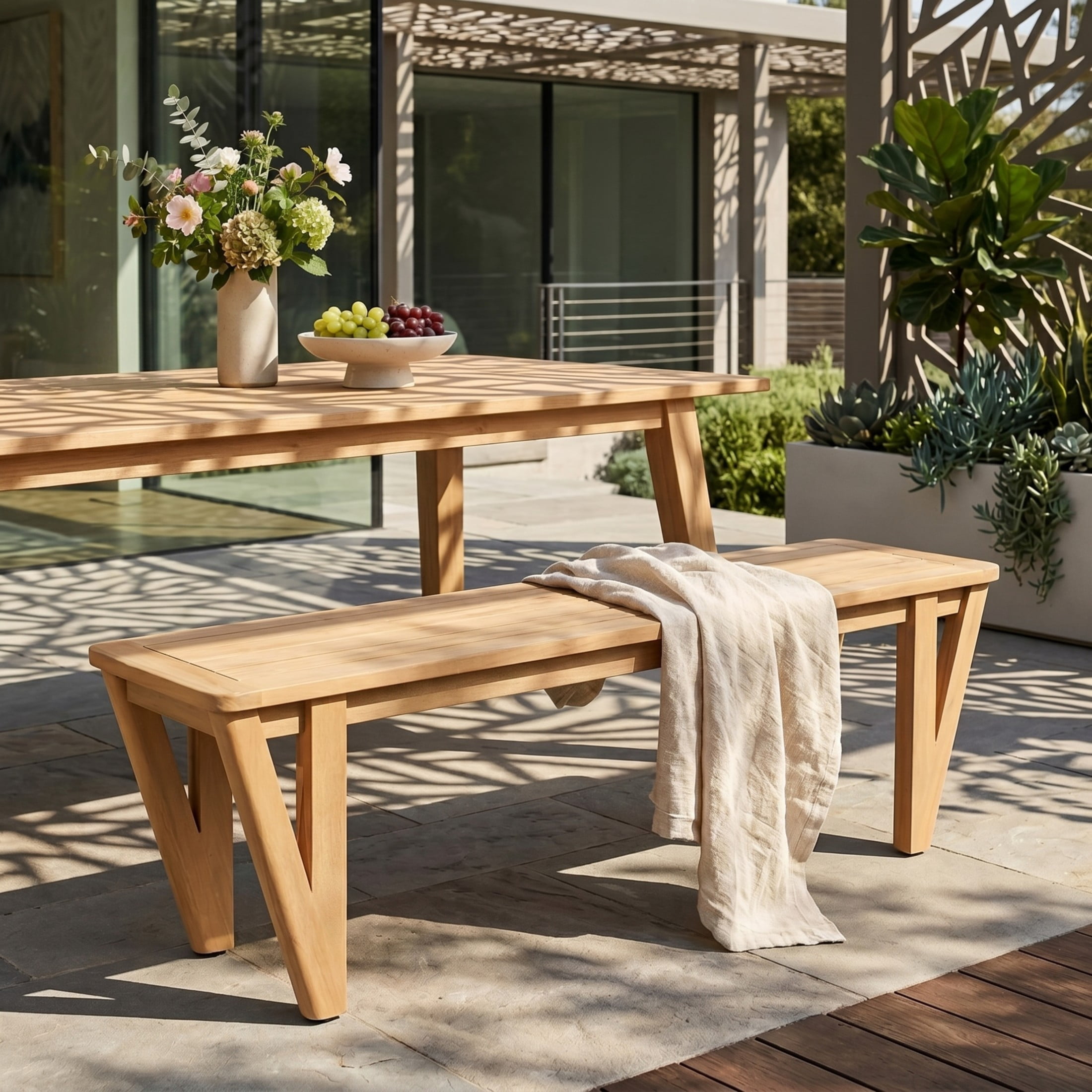 Christopher Knight Home Farmhouse Acacia Wood Outdoor Dining Bench with V-Legs for 2 to 3, Light Teak