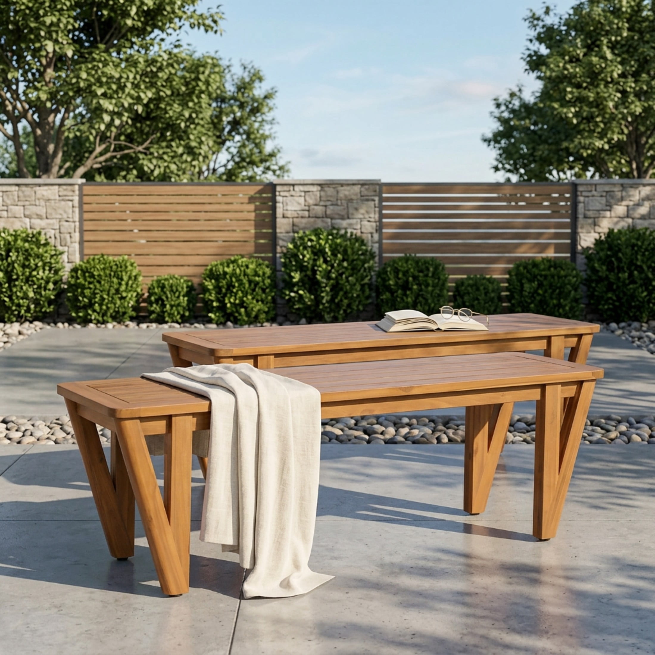 Christopher Knight Home Farmhouse Acacia Wood Outdoor Dining Bench with V-Legs for 2 to 3, Teak, Set of 2