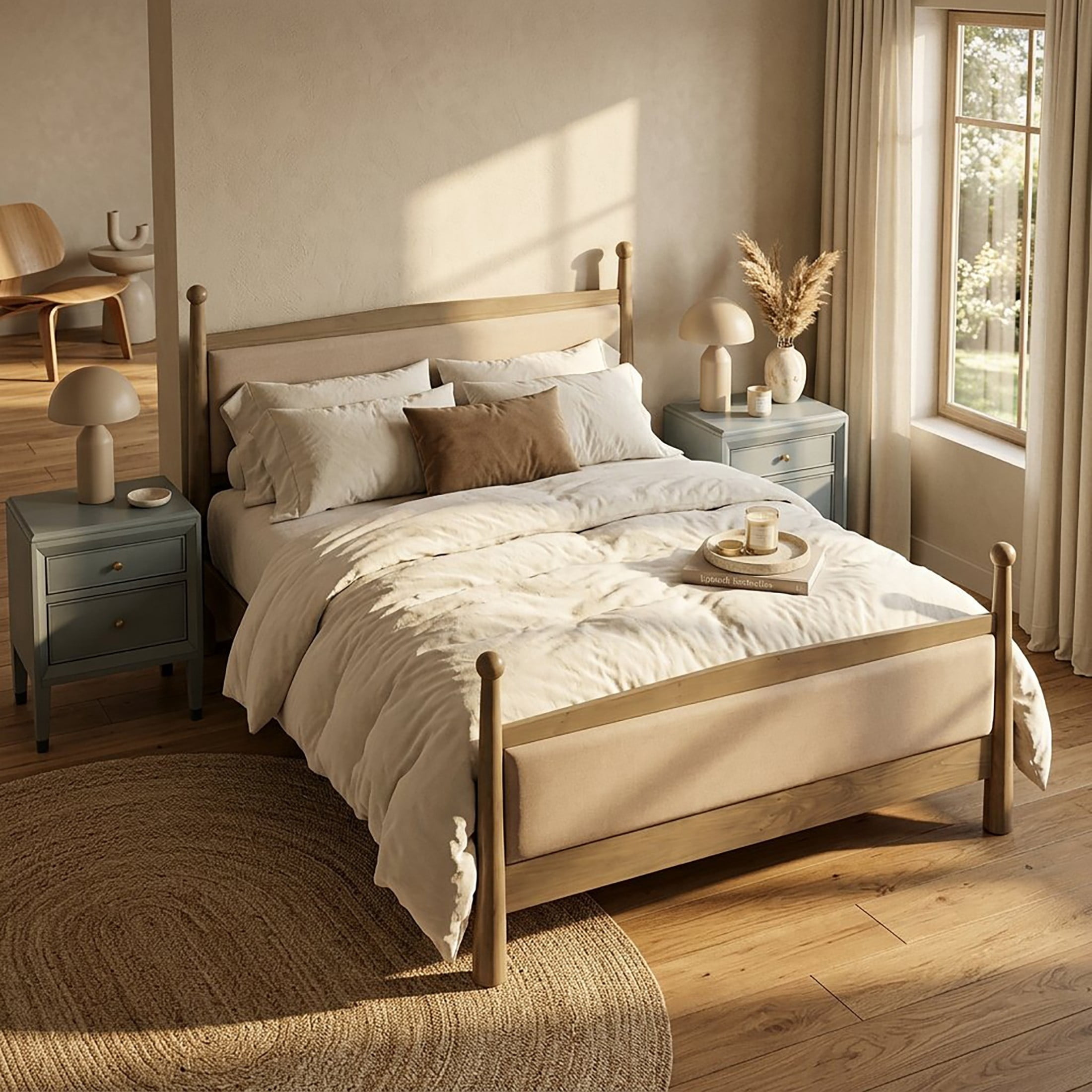 Christopher Knight Home Farmhouse Bedroom Set, King Upholstered Bed with 2 Nightstands, Natural+Sage Green