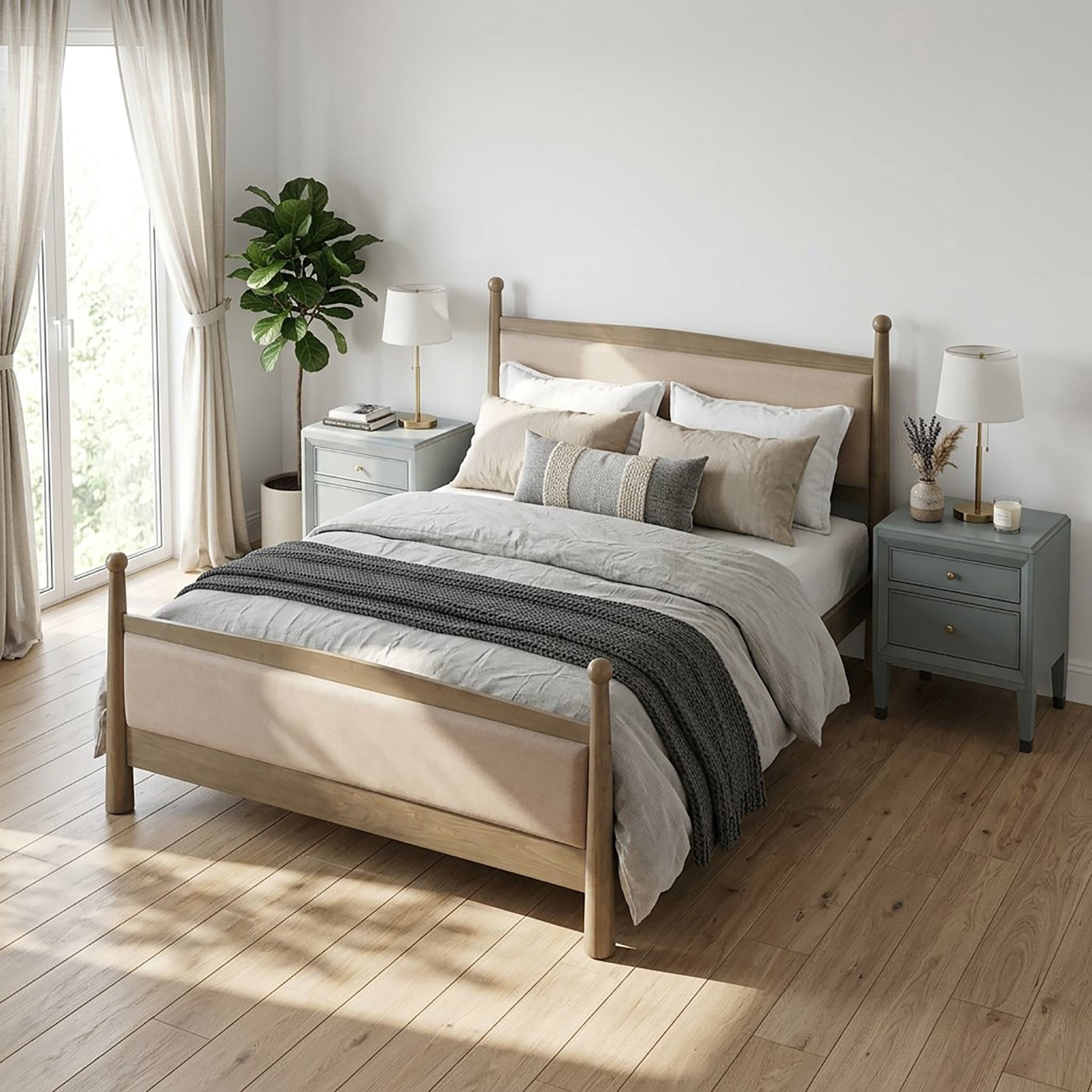 Christopher Knight Home Farmhouse Bedroom Set, Queen Upholstered Bed with 2 Nightstands, Natural+Sage Green