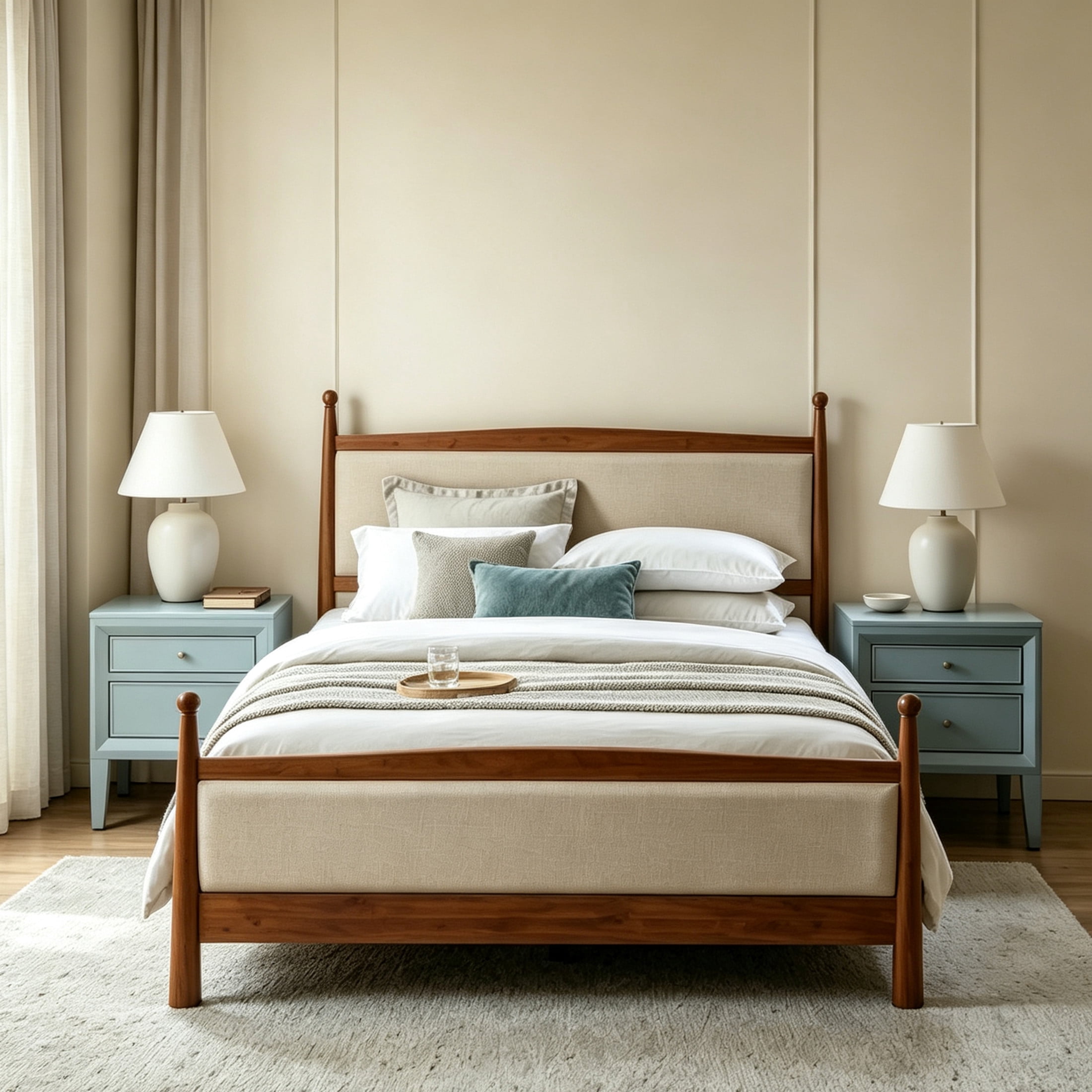 Christopher Knight Home Farmhouse Bedroom Set, King Upholstered Bed and 2 Nightstands, Cherry+Sage Green